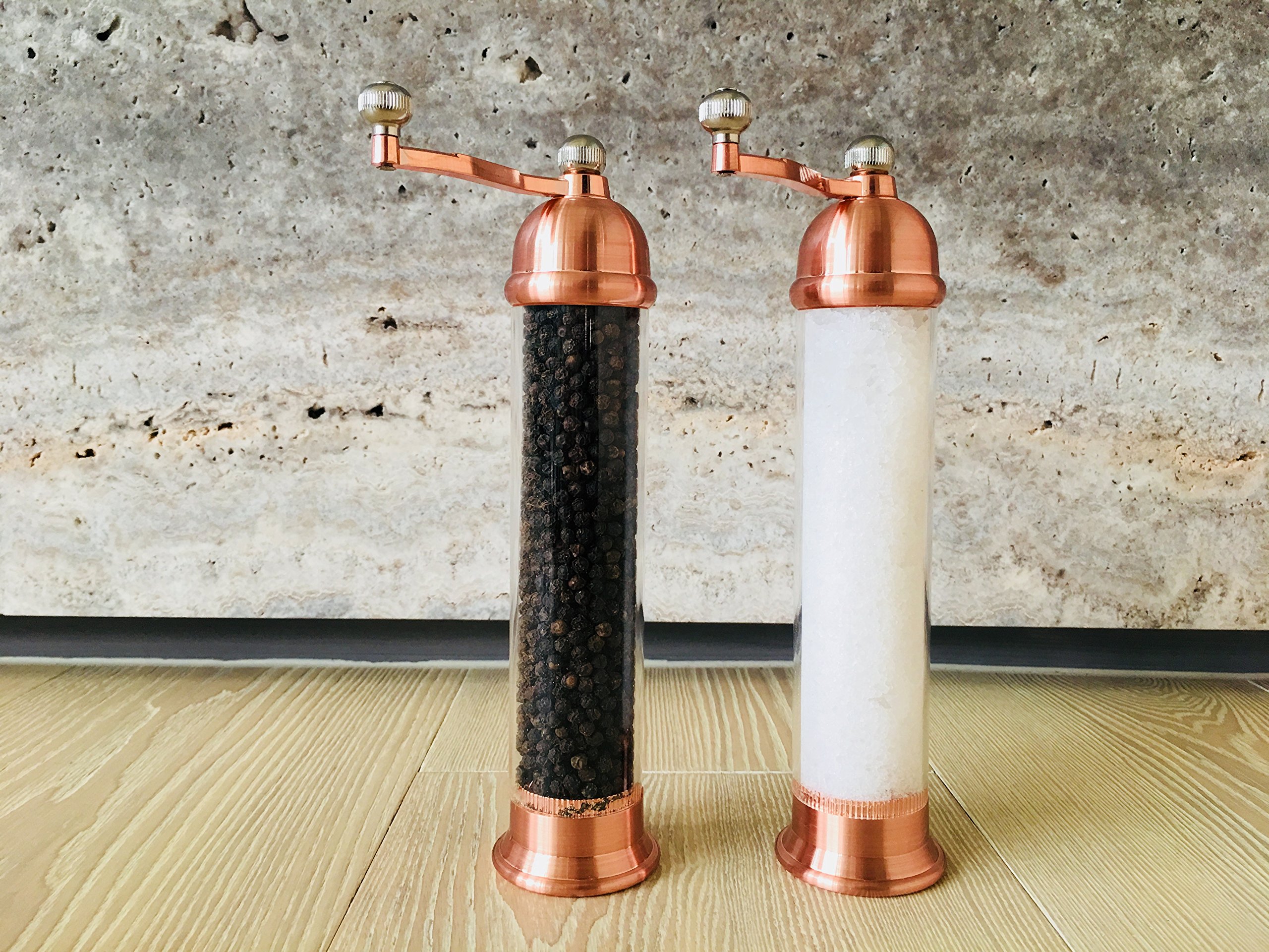 Premium Greek Rose Gold Pepper & Salt Grinder Set - Stainless Steel & Acrylic Mill for Kitchen, Dining Table, Restaurant - Perfect for Gourmet Cooking & Gift Giving