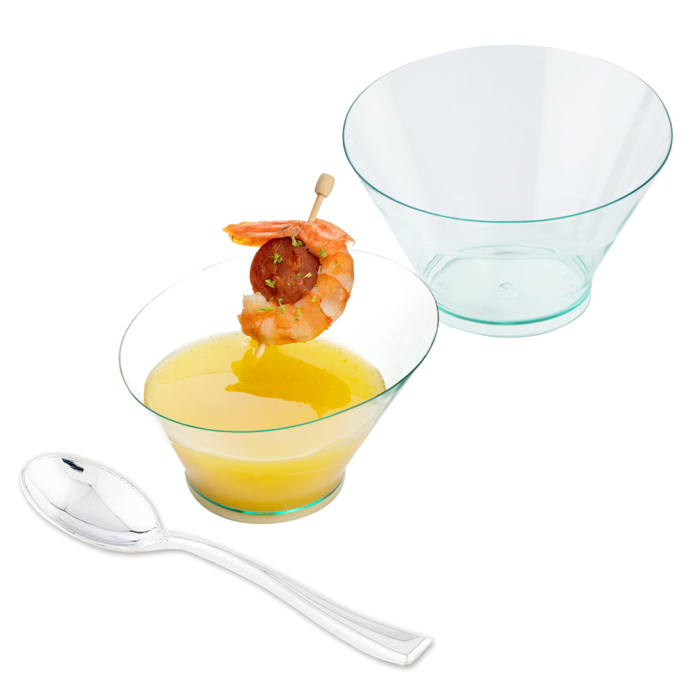 100-Pack 5 oz Seagreen Plastic Small Incline Bowls with 100 Silver Mini Spoons - Perfect for Party Snacks, Ice Cream, Desserts & Catering Events