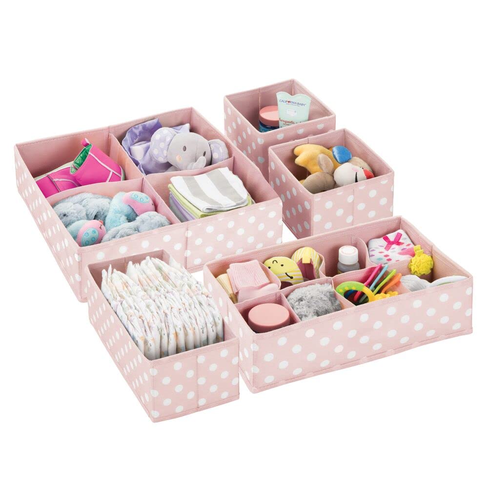 mDesign Soft Fabric Dresser Drawer & Closet Storage Organizer Bins - Set of 5 Pink/White Polka Dot for Baby Clothes, Blankets, Toys & Nursery Organization - Perfect for Nursery, Kids Room & Closet Storage Solutions