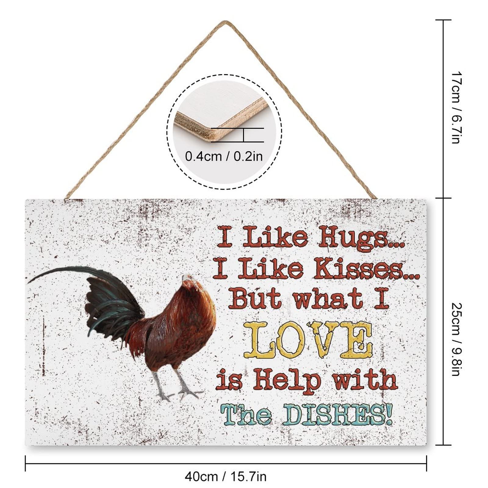 Rustic Rooster Wooden Wall Art - Funny Chicken Coop Decor Sign 'I Like Hugs & Kisses But Love Help with Dishes' - 10x16 Inch Farmhouse Kitchen Decor for Country Homes, Perfect for Farmyard, Kitchen & Dining Room Wall Decoration