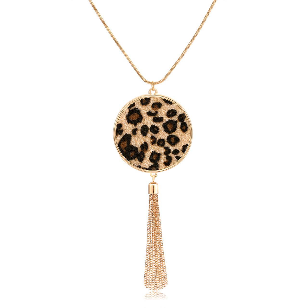 Women's Long Statement Necklace - Leopard & Snakeskin Print with Oval Leather Pendant | Fashion Jewelry for Casual Outfits, Date Nights & Office Wear