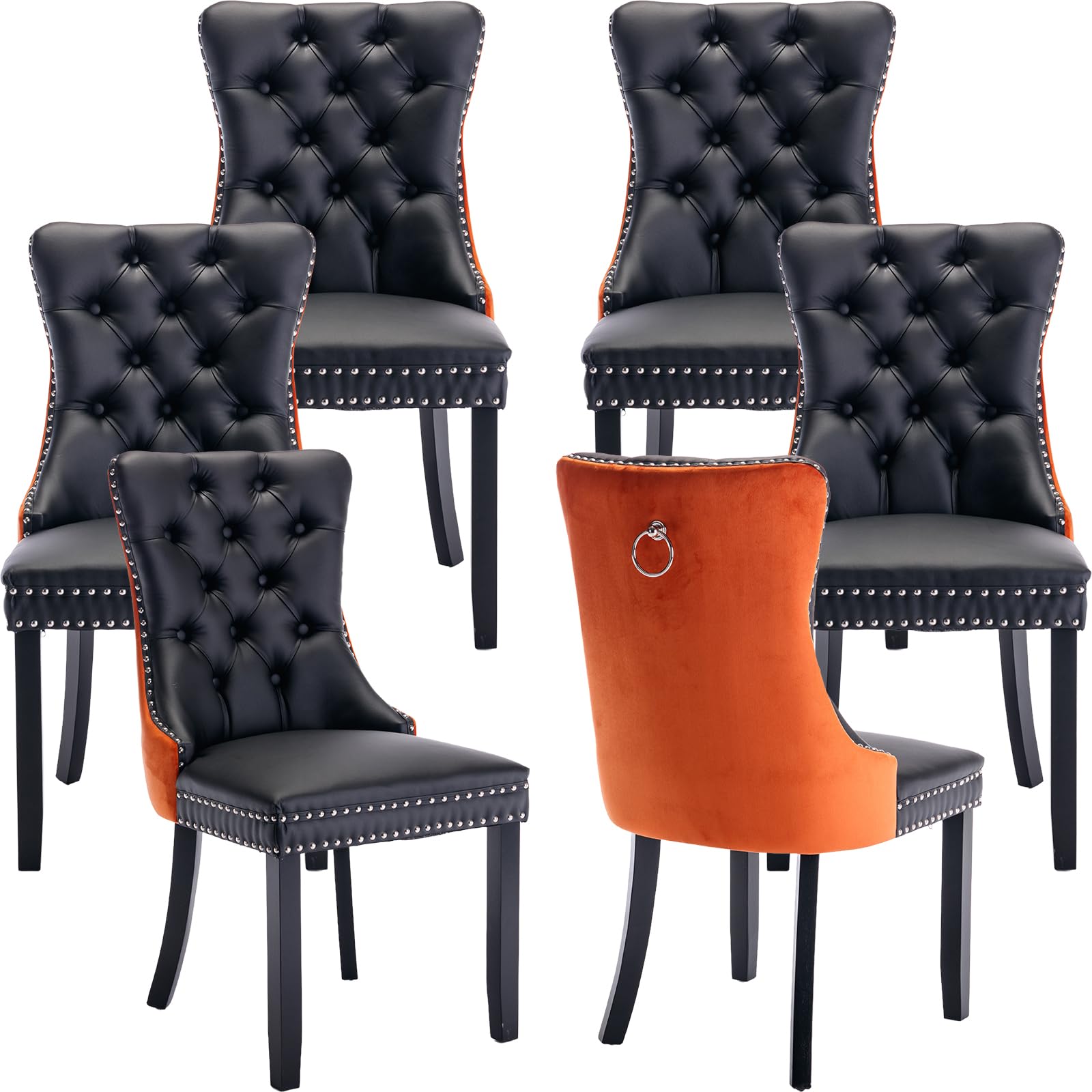 Luxury Velvet & PU Leather Dining Chairs Set of 6 - Tufted Upholstered Kitchen & Dining Room Chairs with Solid Wood Frame (Black & Orange) - Perfect for Modern Homes, Restaurants & Office Break Rooms