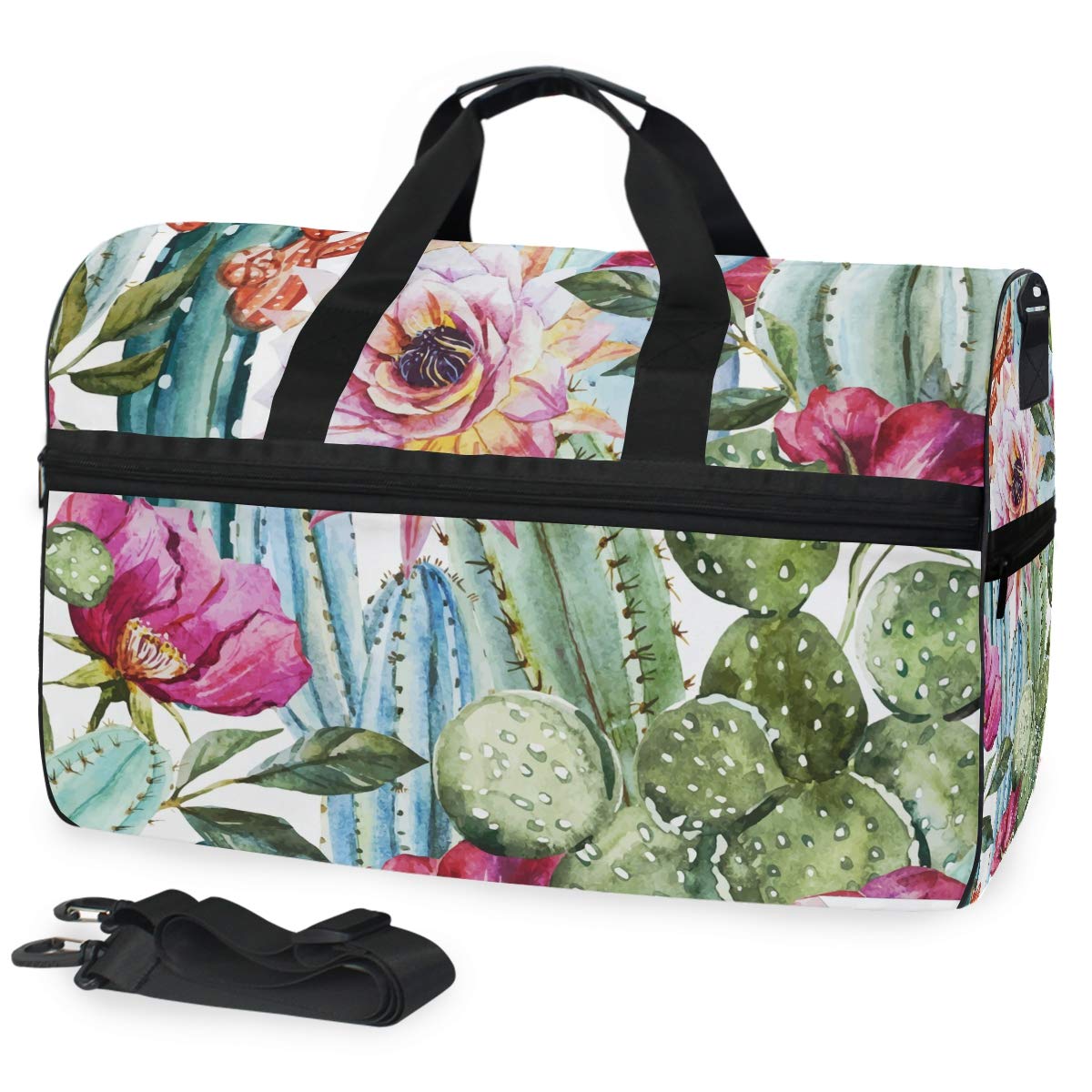 Waterproof Travel Duffel Bag with Shoe Compartment - Lightweight Gym Bag for Men & Women - Perfect for Sports, Weekend Trips & Overnight Stays - Tropical Cactus Design