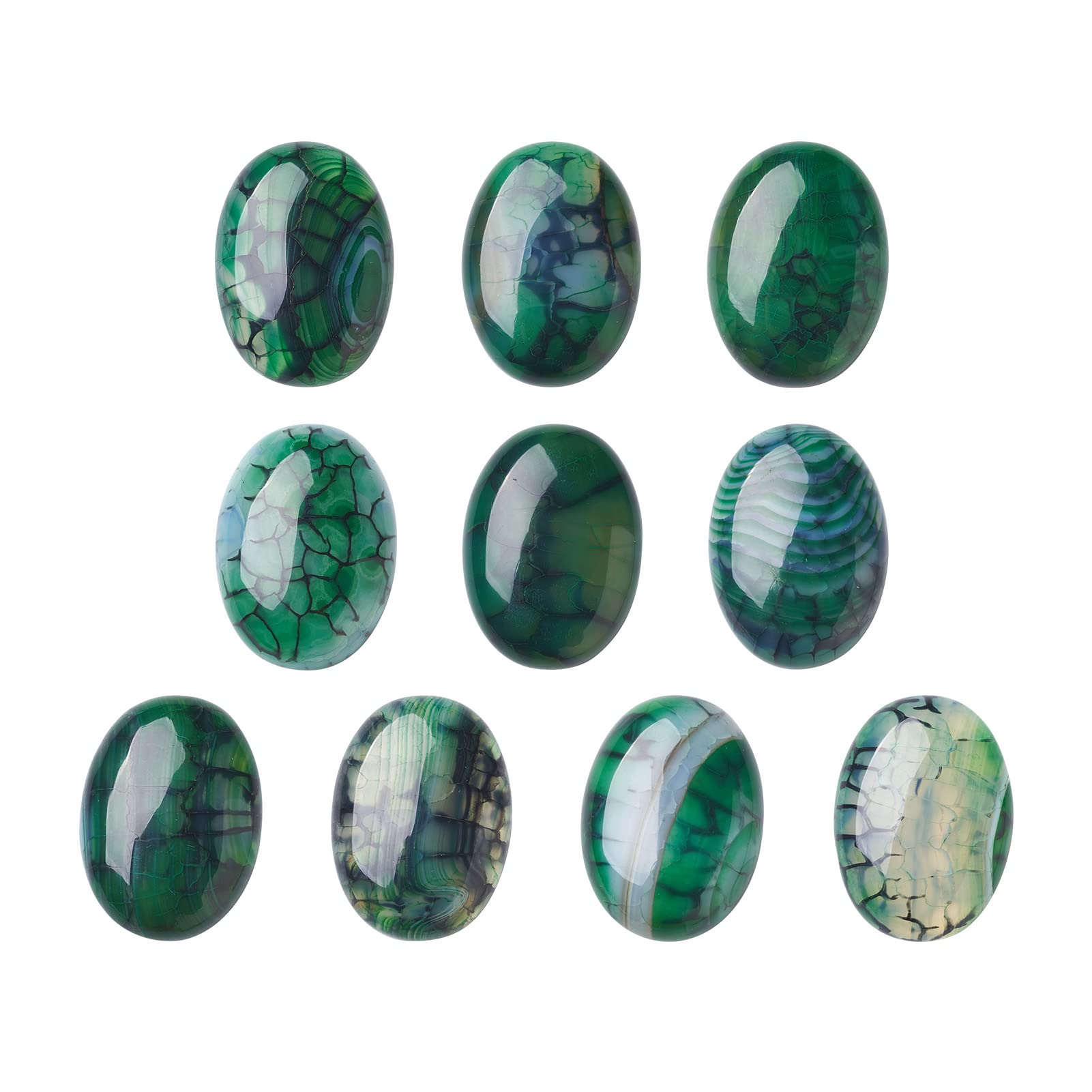 10Pcs Natural Green Dragon Vein Agate Cabochons - 30x22mm Oval Flatback Semi-Precious Gemstone Beads for Jewelry Making, DIY Crafts, Pendants & Home Decor