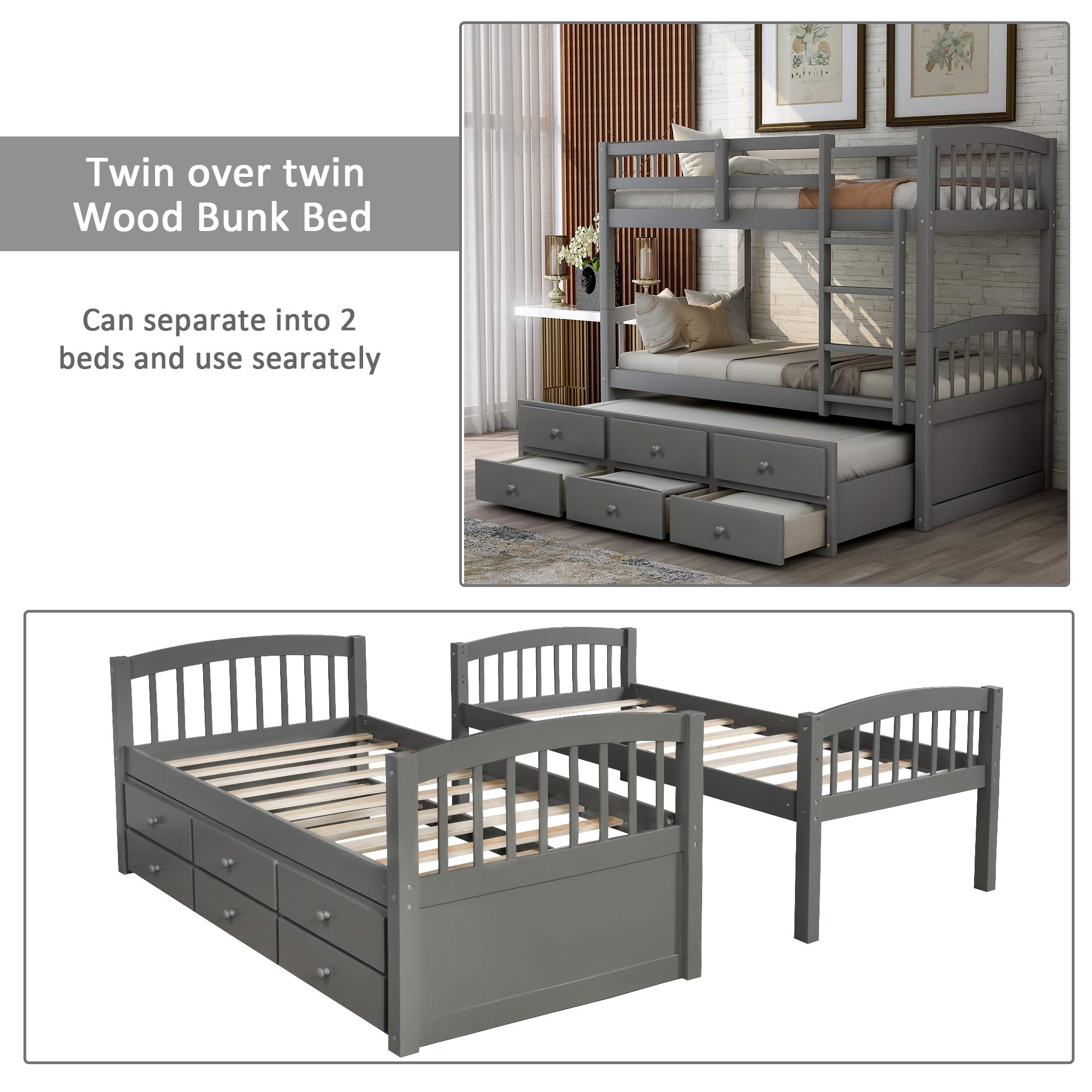 Twin Over Twin Bunk Bed with Trundle - Solid Wood Bed Frame with Ladder & Safety Rail - 3 Storage Drawers - Space Saving Kids & Teens Bedroom Furniture (Grey) - Perfect for Small Rooms, Guest Rooms & Vacation Homes