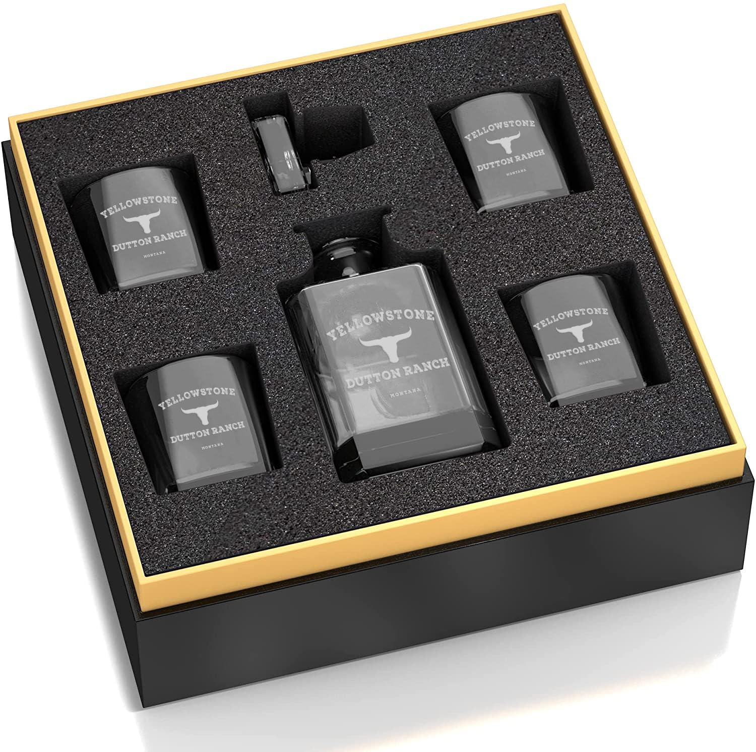 Yellowstone Dutton Ranch 5-Piece Whiskey Decanter Set with Glasses - Premium Gift Box Included | Perfect for Bourbon Lovers, Whiskey Tasting & Home Bar Decor