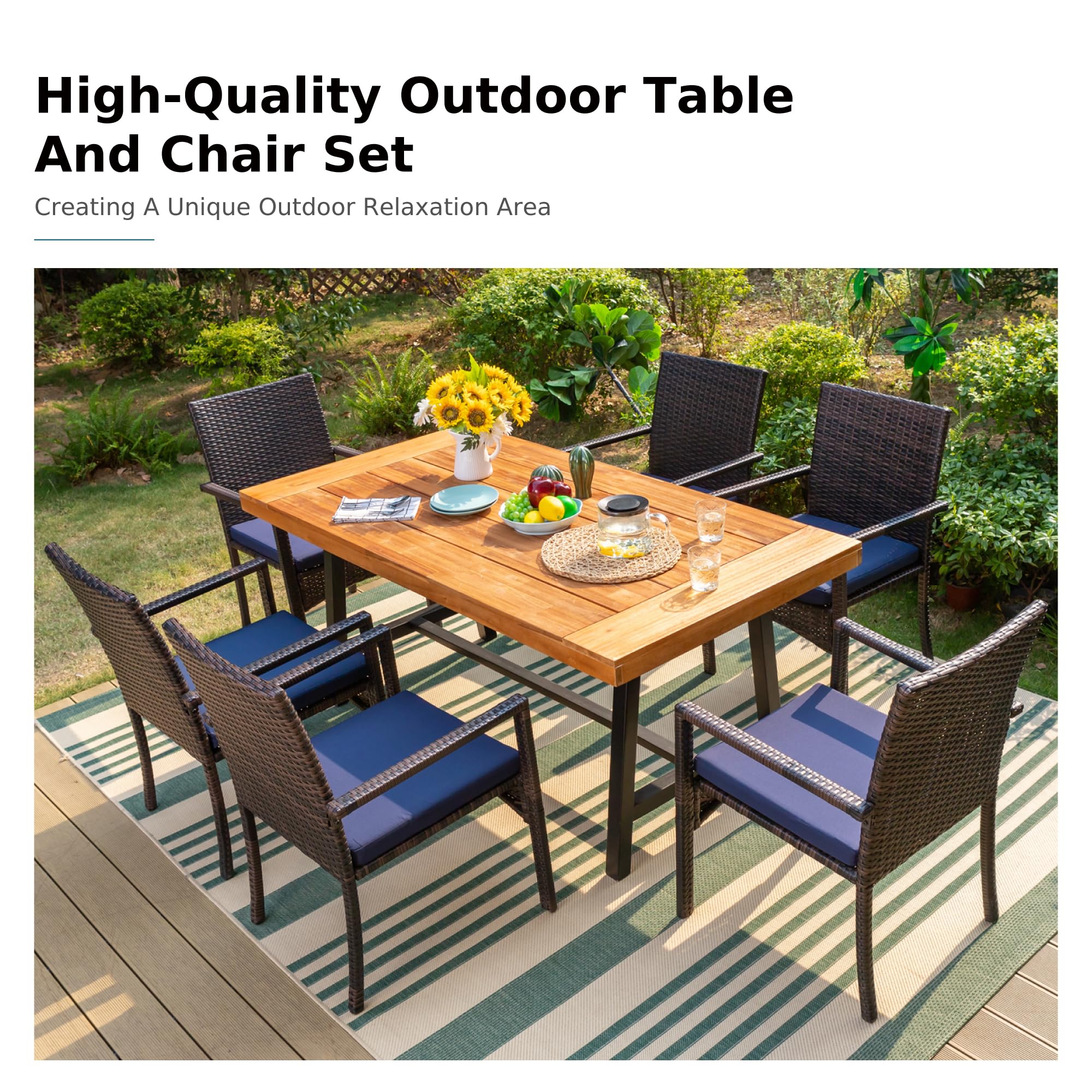 MFSTUDIO 7-Piece Acacia Wood Outdoor Dining Set - Rectangular Table & 6 Wicker Chairs, Brown Rattan Patio Furniture for Garden, Backyard, Poolside & BBQ Gatherings