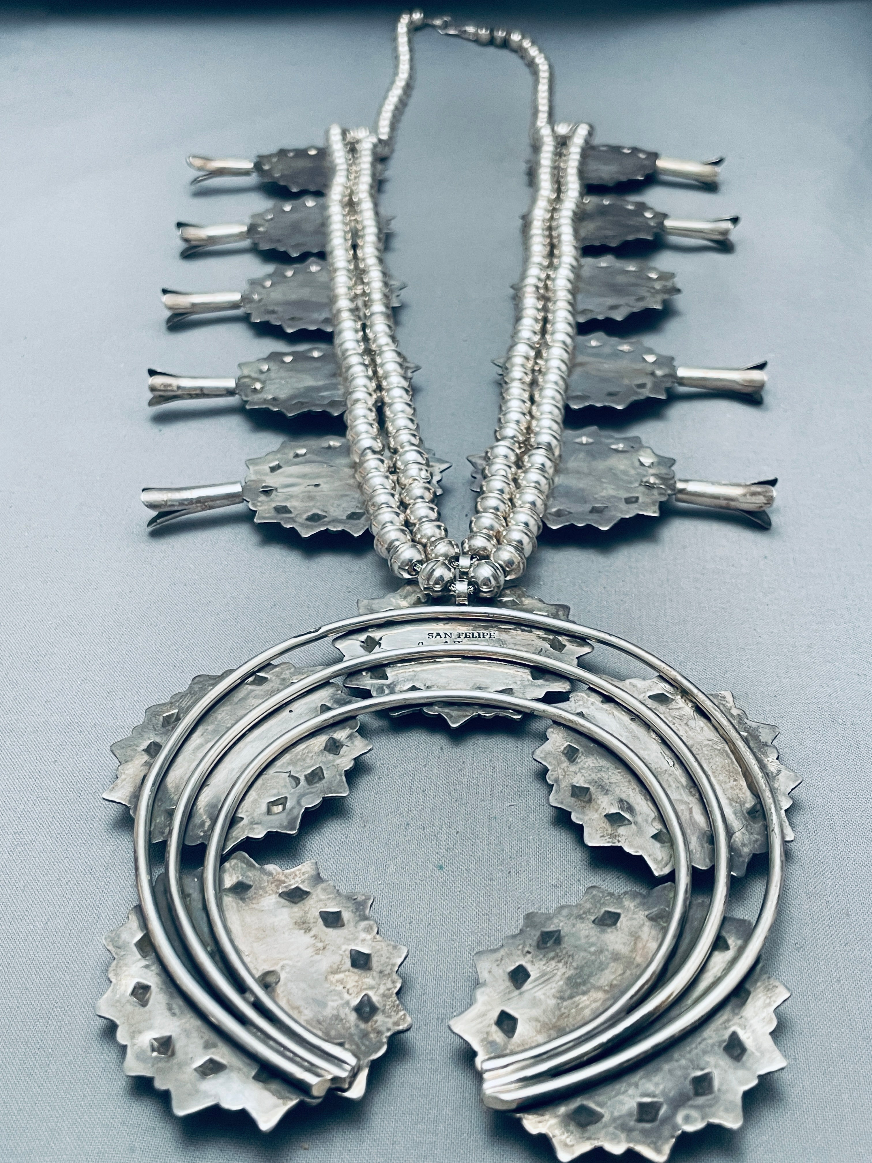 432 Grams Genuine San Felipe Green Turquoise Sterling Silver Squash Blossom Necklace - Handmade Native American Jewelry for Women, Perfect for Boho Fashion, Weddings & Special Occasions
