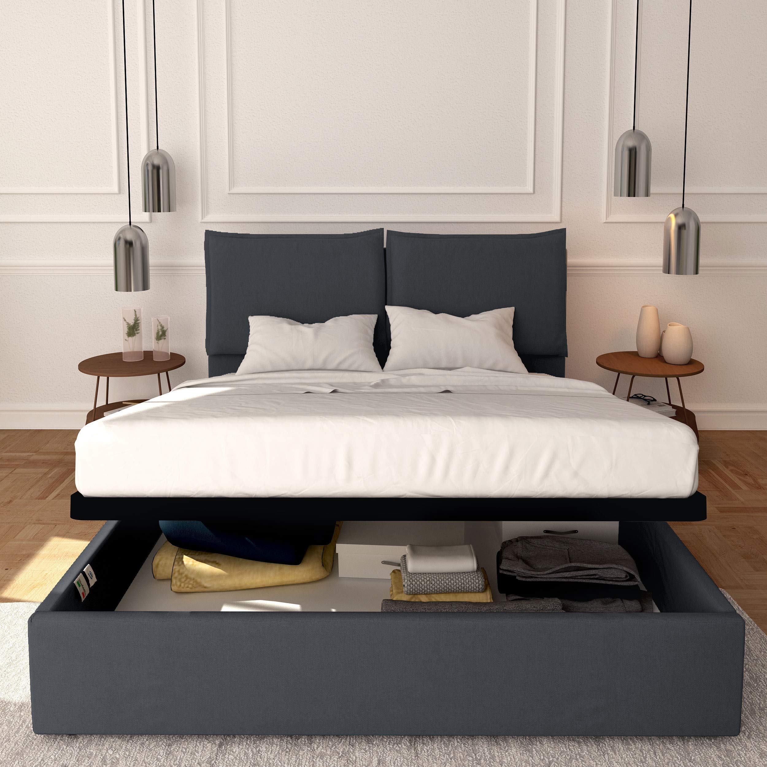 Baldiflex Licia Synthetic Leather Queen Size Bed with Storage, Slatted Base for Mattress, 180x200cm, Padded Headboard, Gray - Perfect for Modern Bedrooms & Small Spaces