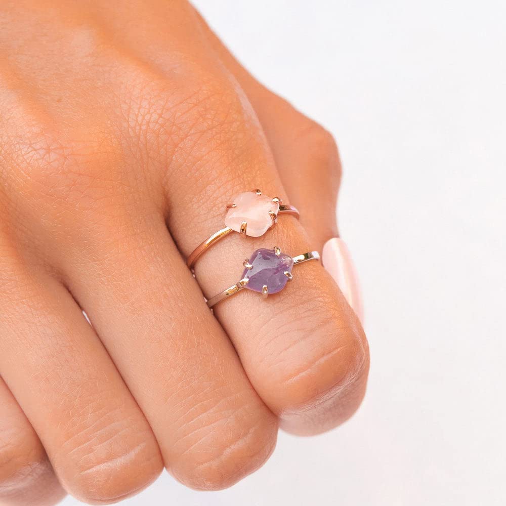 Pura Vida Rose Gold or Silver-Plated Crystal Cove Ring with Rose Quartz or Amethyst - Brass Base, Gemstone Charm, Rhodium Plated - Size 5-9 - Perfect for Gift Giving, Boho Jewelry, and Everyday Wear