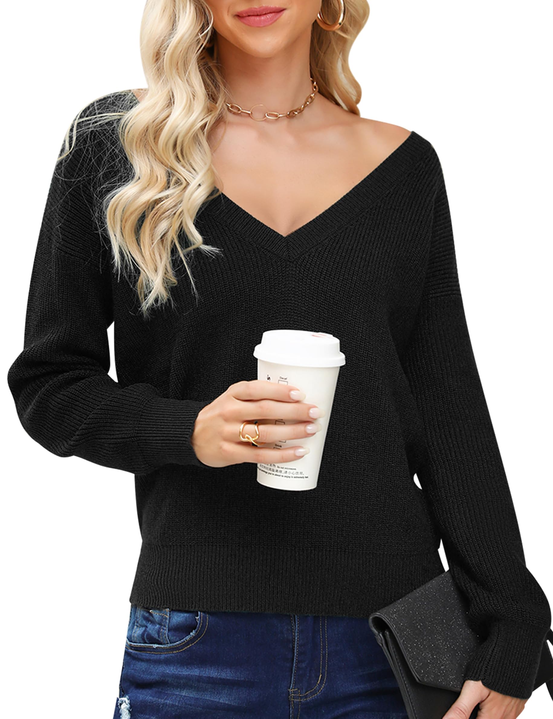 Cowasto Women's Sexy Deep V Neck Christmas Sweater - Long Sleeve Casual Pullover for Fall & Winter - Perfect for Holiday Parties, Date Nights & Cozy Seasonal Outfits