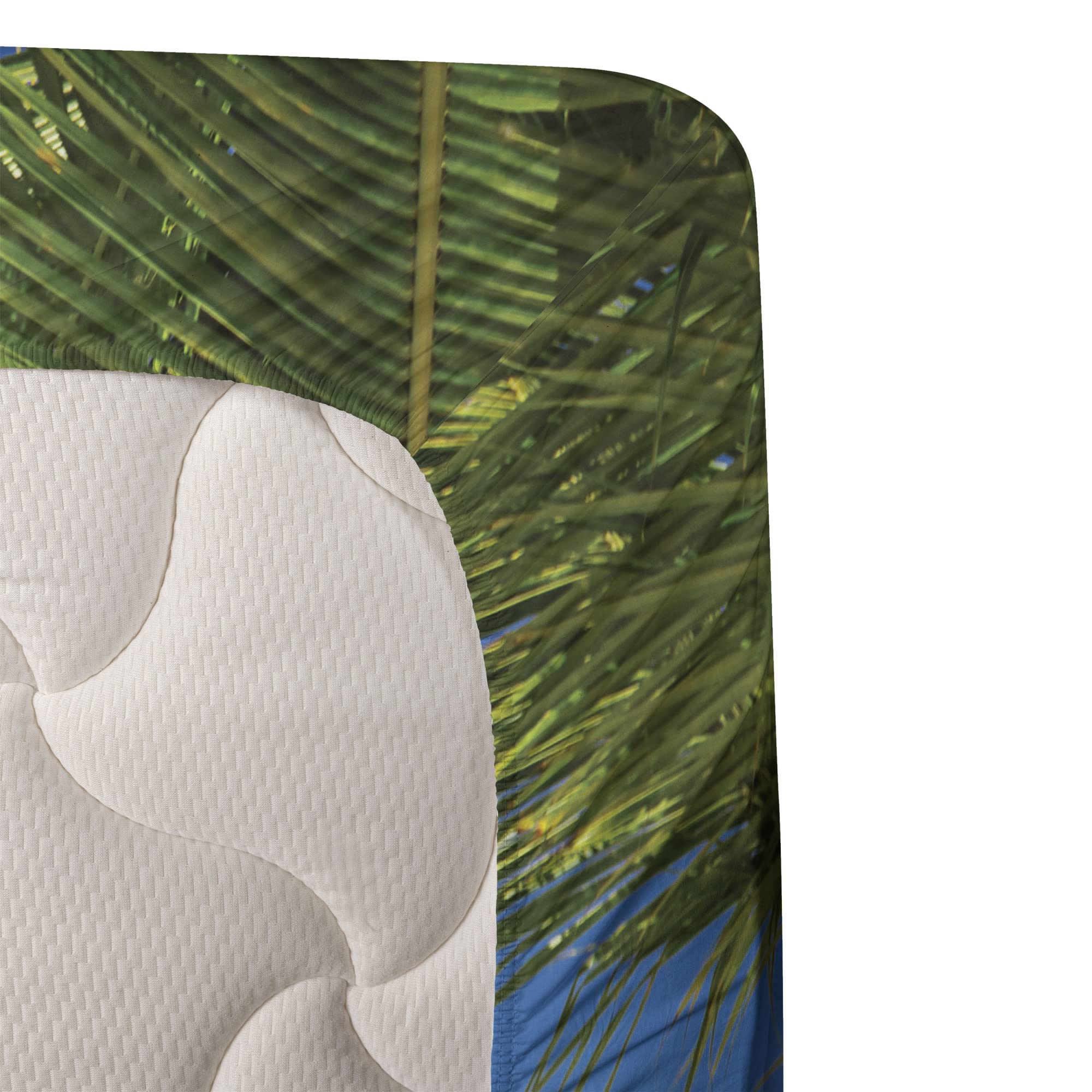 Ambesonne Seaside King Size 4-Piece Sheet Set - Ocean Beach Panoramic Print with Palm Trees, Chairs & Boats - Soft Fitted & Flat Sheets + Pillowcases (Green/Blue) - Perfect for Coastal Bedroom Decor & Vacation Home Styling