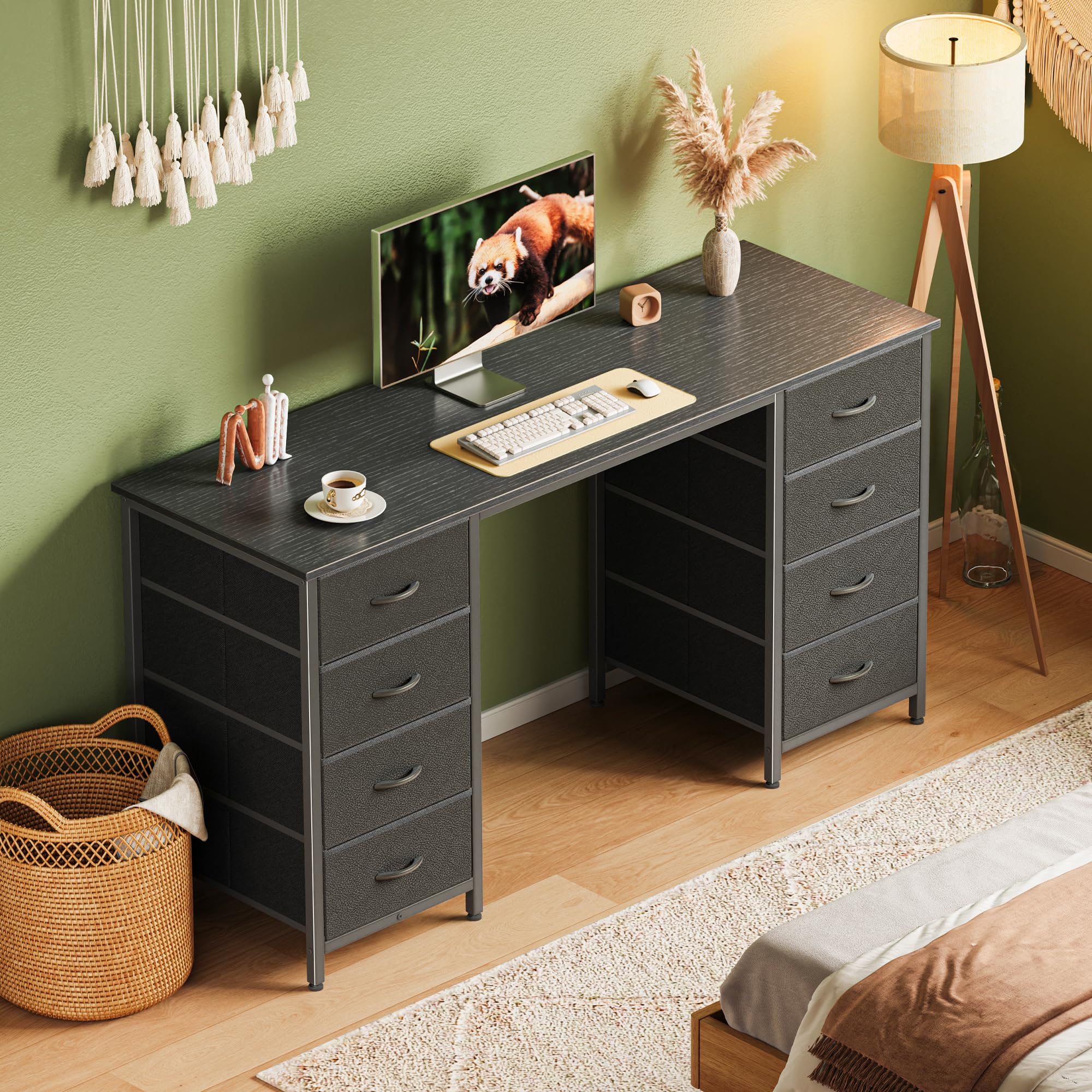 Huuger 55 Inch Computer Desk with 8 Fabric Drawers - Large Home Office Desk for Work, Study & Gaming - Black Storage Desk with Drawers | Perfect for Small Spaces, Remote Work & Gaming Setups
