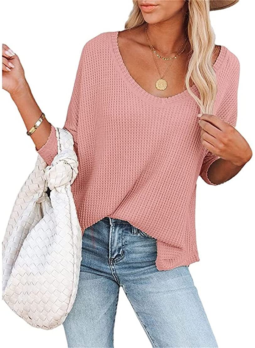 Fronage Women's Waffle Knit Tunic Top - V Neck Long Sleeve Casual Loose Pullover Blouse - Perfect for Work, Weekend & Layering