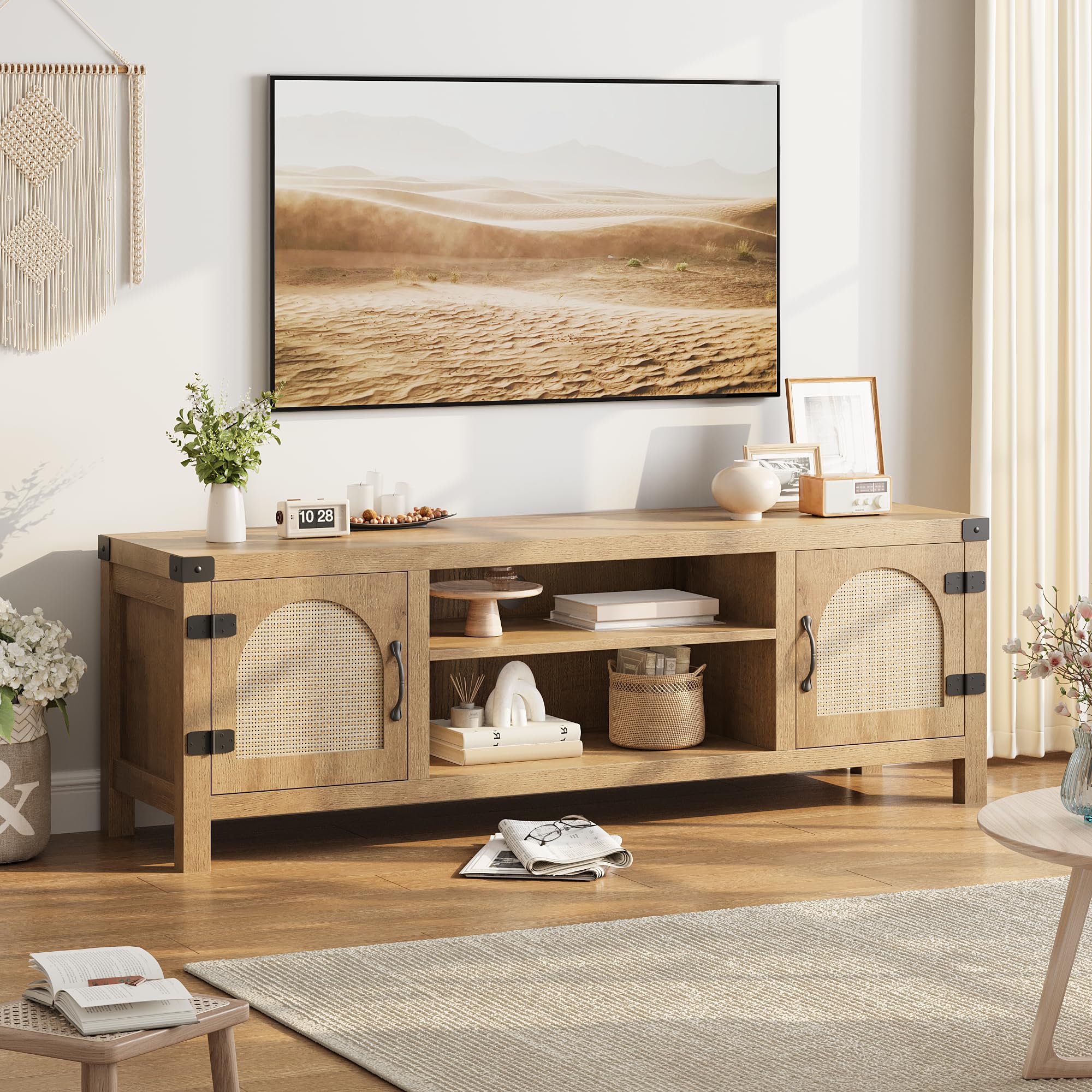 GAOMON Rattan TV Stand for Living Room - Boho Style Entertainment Center with Rattan Doors & Adjustable Shelves, 2-Tier Open Storage Media Console - Perfect for Home Theater, Gaming Setup & Living Room Organization (Natural Finish)