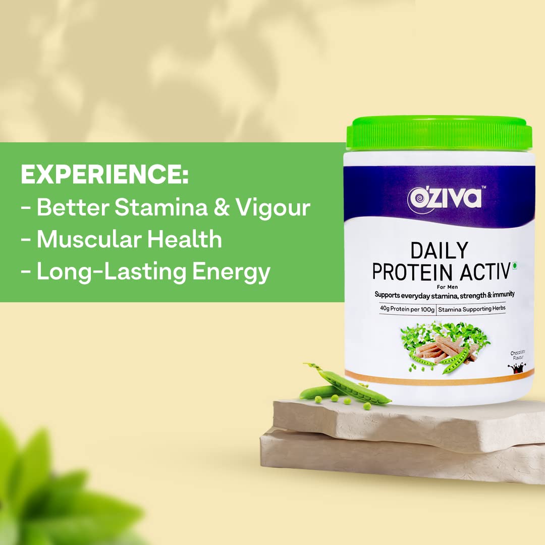 OZiva Daily Protein Activ for Men - 40g Protein per 100g with Probiotics | Muscle Building & Recovery Powder for Stamina & Energy | Chocolate Flavor 300g | Ideal for Post-Workout, Weight Training & Active Lifestyle
