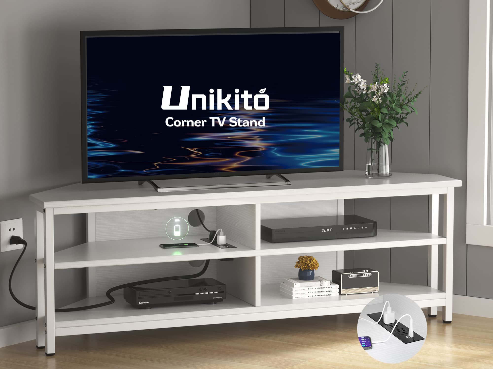 Modern White Corner TV Stand with Built-in Power Outlet & Storage - Entertainment Center for 55