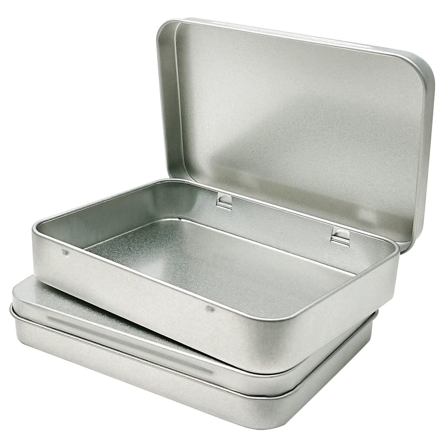 2 Pack Small Metal Hinged Tin Box Containers with Lids - 4.5x3.3x0.9 Inch Portable Storage Tins for Jewelry, Crafts, Spices & Home Organization - Silver Mini Empty Boxes for DIY Projects & Gift Packaging