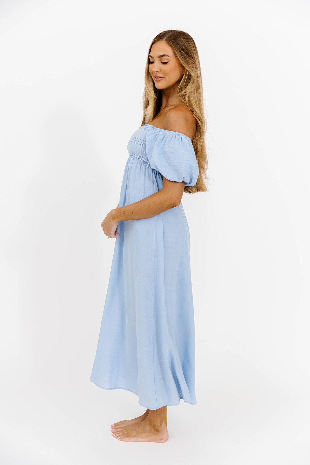 Belle Puff Sleeve Maxi Dress - Flowy Long Summer Dress for Women in Baby Blue | Perfect for Beach Vacation, Wedding Guest, and Date Night Outfits