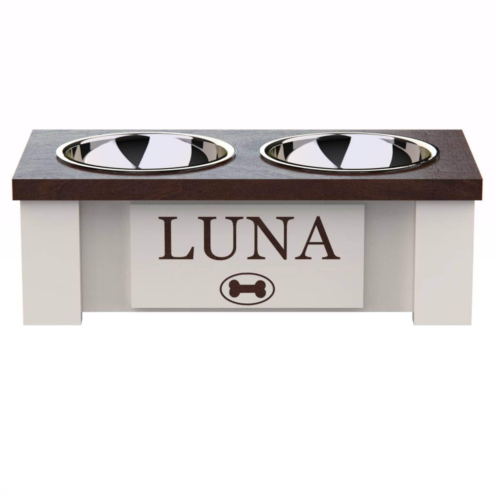 Personalized Elevated Dog Bowl Stand for Large, Medium, Small & X-Small Dogs - Stainless Steel Pet Food & Water Bowls with Internal Storage - Adjustable Height Raised Feeder for Joint Health (X-Small, Dark Walnut) - Perfect for Kitchen, Living Room or Outdoor Use
