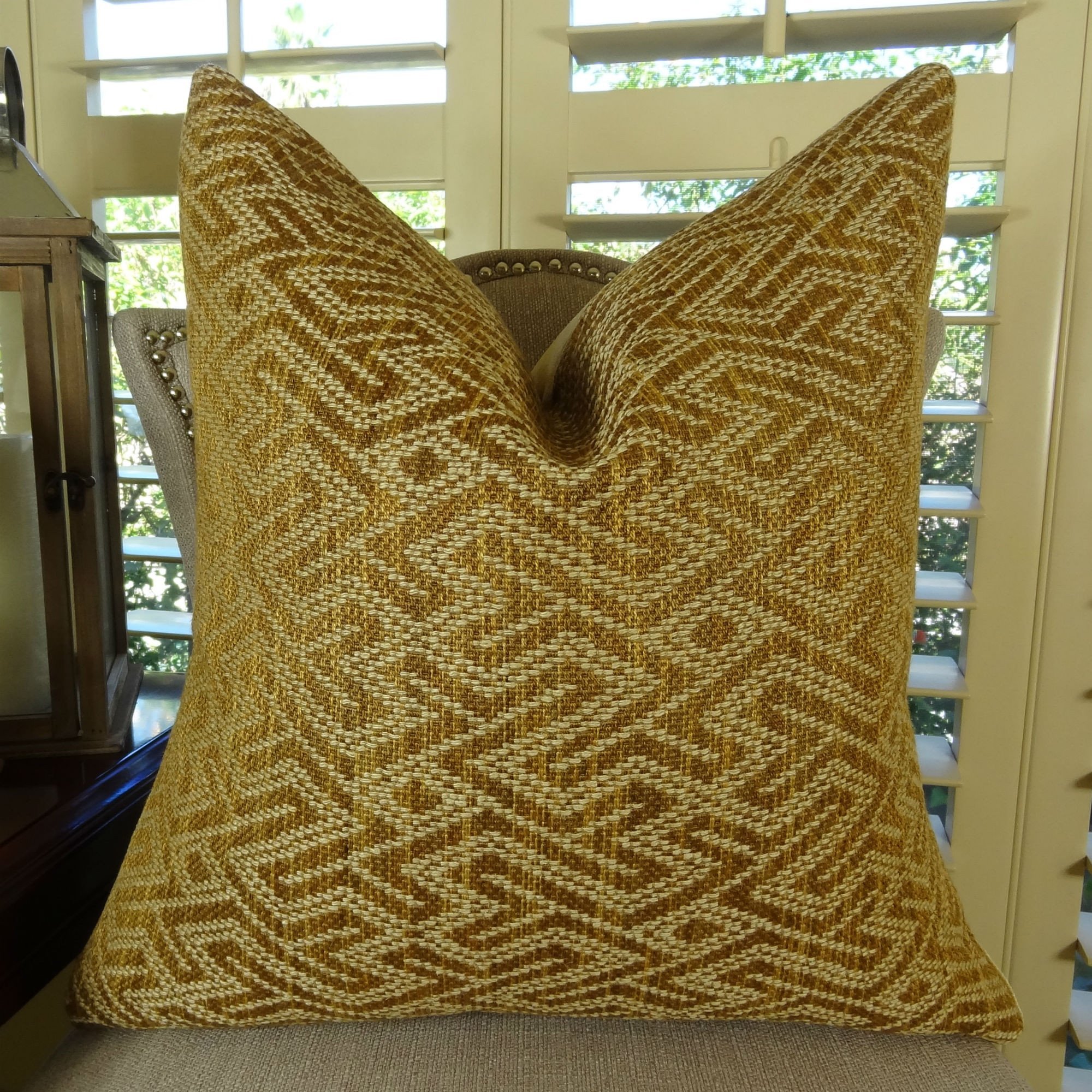 Modern Geometric Throw Pillow - Tan Ivory Graphic Maze Design - Handmade in USA - Decorative Couch & Sofa Pillow for Living Room, Bedroom, or Office Decor