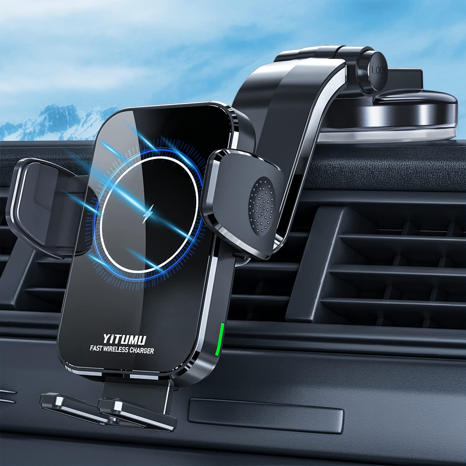 YITUMU 15W Qi Fast Wireless Car Charger - Phone Holder & Mount for iPhone 14/13/12/11/Pro Max/Xs, Samsung S23/S22/S21/S20/S10+ - Dashboard & Windshield Compatible - Perfect for Commuting & Road Trips