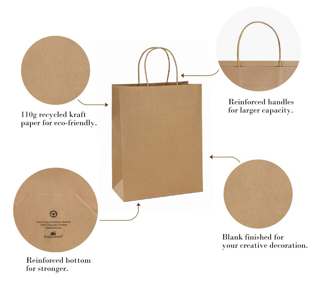 Eco-Friendly Kraft Shopping Bags 10x5x13 Inches - 100Pcs Brown Recycled Paper Gift Bags with Handles Bulk | Retail, Party, Merchandise & Grocery Bags | Perfect for Stores, Weddings, Gifts & Eco-Conscious Shopping