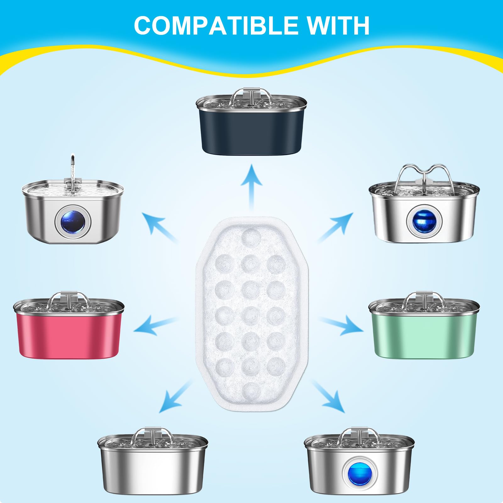 16 Pack Cat Water Fountain Replacement Filters & Pre-Filter Sponges for 108oz/3.2L Stainless Steel Pet Fountain with Water Level Window - Compatible with Most Cat Water Dispensers, Ideal for Home & Office Use