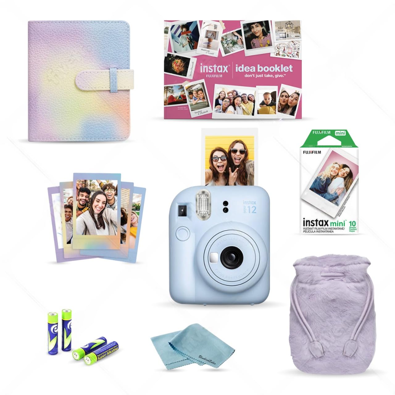 FujiFilm INSTAX Mini 12 Instant Camera (2024 Model) - Pastel Blue Holiday Bundle with 4 AA Batteries & Microfiber Cleaning Cloth | Perfect for Travel, Parties, and Memory Keeping