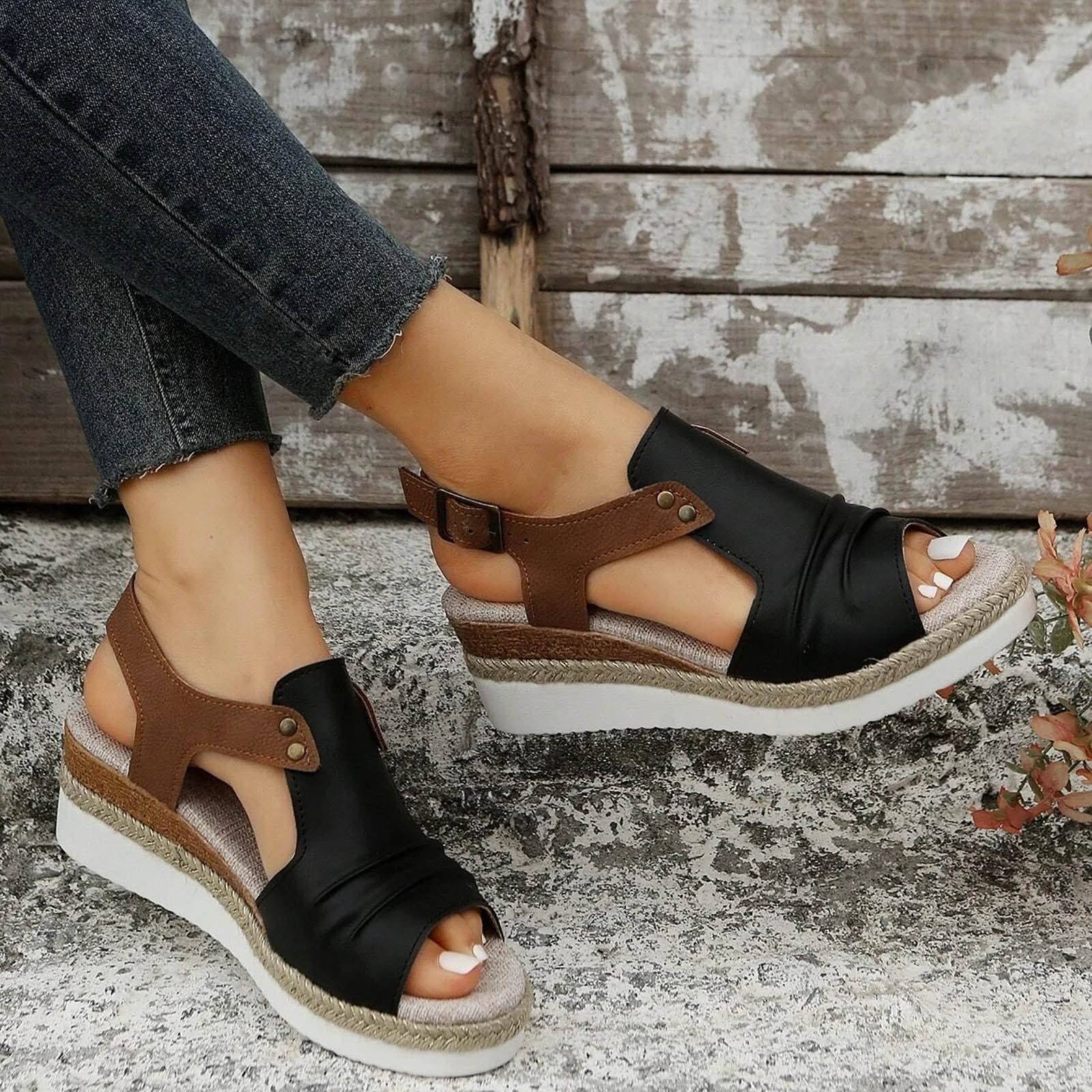 EMRELOD Women's Comfortable Orthopedic Wedge Sandals - Platform Espadrille with Ankle Strap, Low Heel Fashion Beach Shoes (Black, Size 7) | Perfect for Summer Outfits, Casual Wear & Vacation
