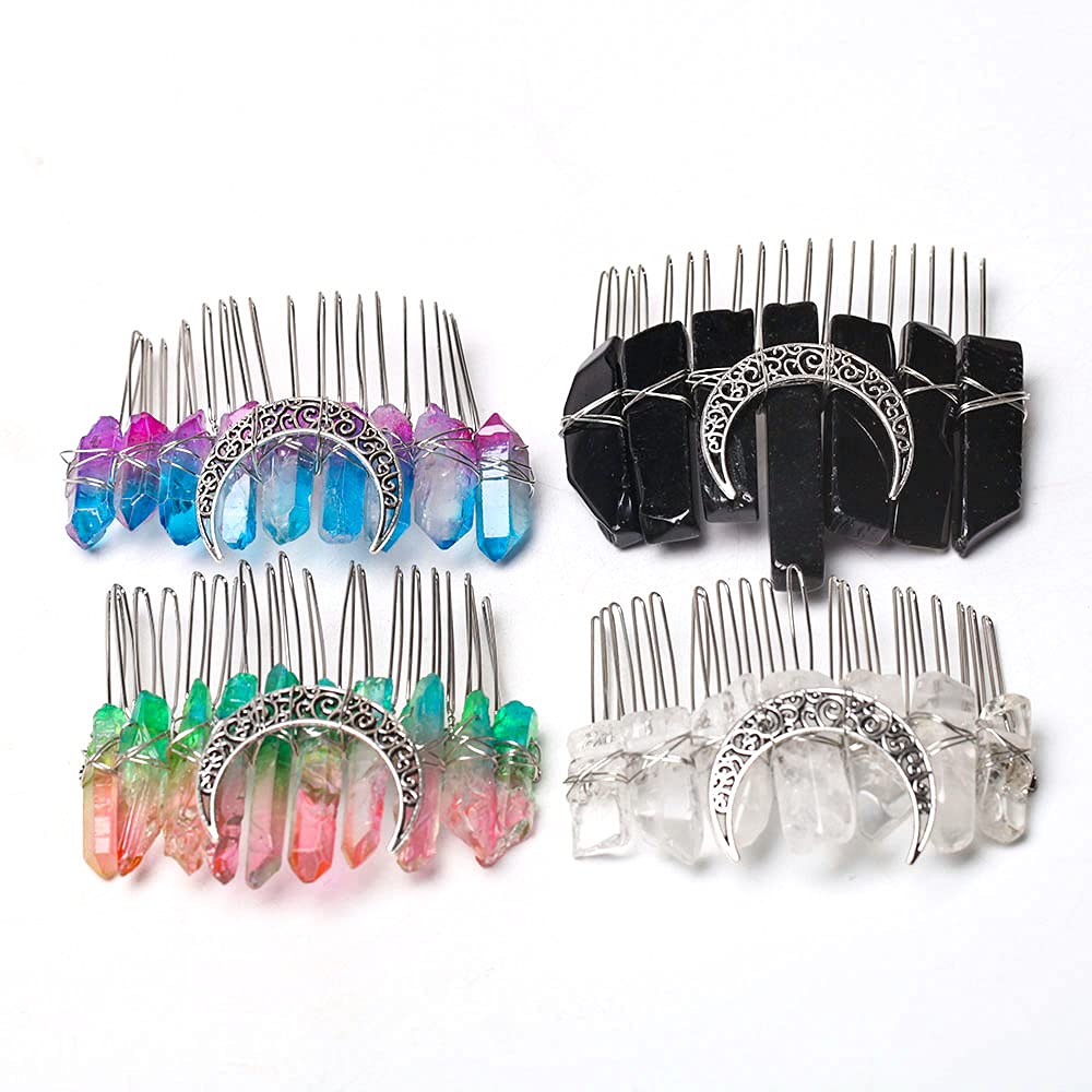 Natural Crystal Hair Comb for Women - Aura Amethyst & Blue Bridal Wedding Headpiece, Hairpin & Hair Clip for Side Styling | Perfect for Weddings, Prom & Special Occasions