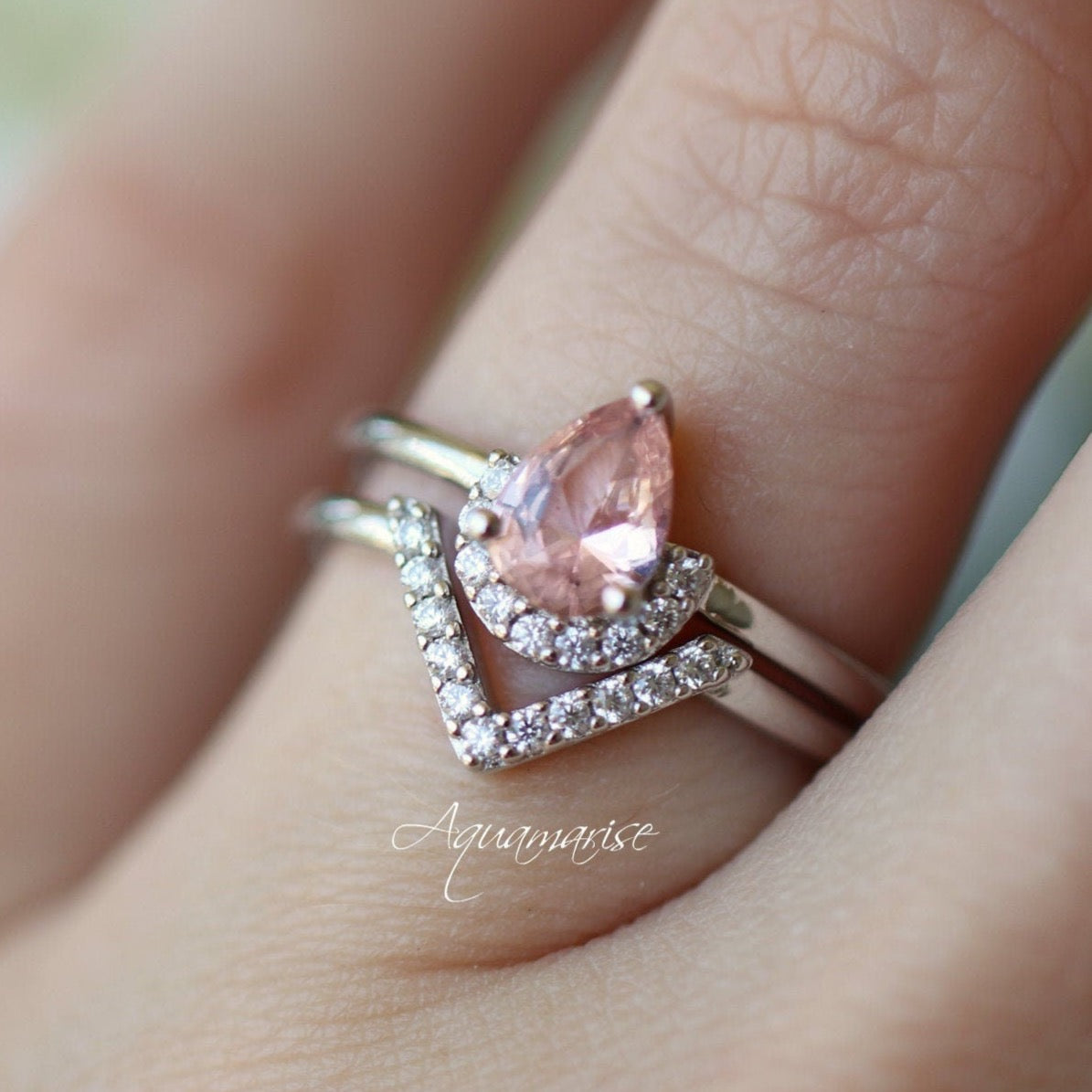 Aria Morganite Ring Set in Sterling Silver - Elegant Rose Gold Plated Wedding Band for Women, Perfect for Engagement, Anniversary & Valentine's Day Gifts