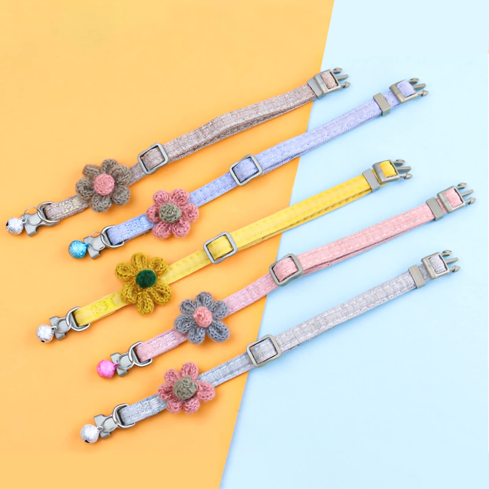 Handmade Adjustable Cat Collar with Six Petal Flowers & Bells - Sky Blue Kitten Collar for Girl Cats | Perfect for Daily Wear, Special Occasions & Photo Shoots