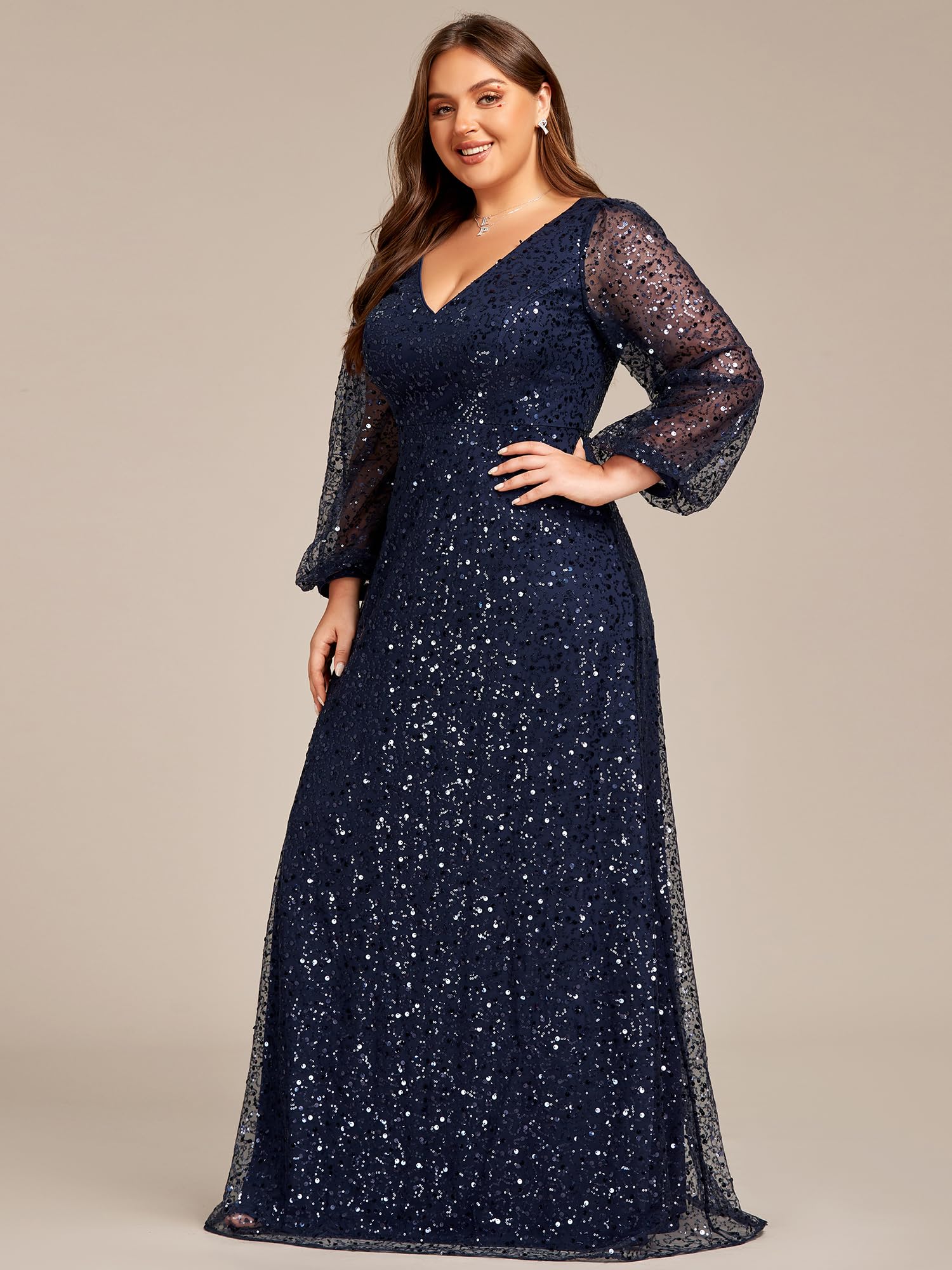 Ever-Pretty Women's Plus Size A-Line Sequin Formal Dress with V-Neck & Sheer Long Sleeves - Elegant Evening Gown for Prom, Wedding, Party & Special Occasions