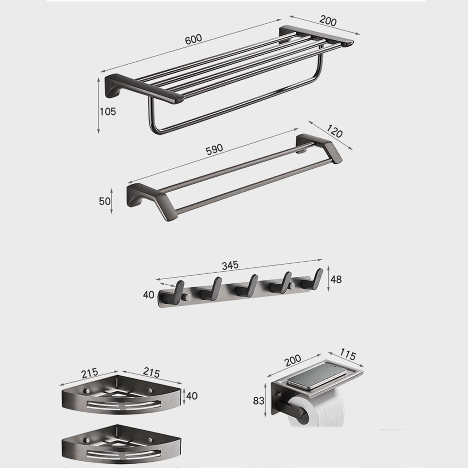 5-Piece Bathroom Towel Rack Set - Wall Mounted Towel Holder, Double Towel Bars, Toilet Paper Holder, 2-Tier Shelf & Coat Hooks - Durable Stainless Steel Bathroom Accessories for Home, Hotel & Spa Decor