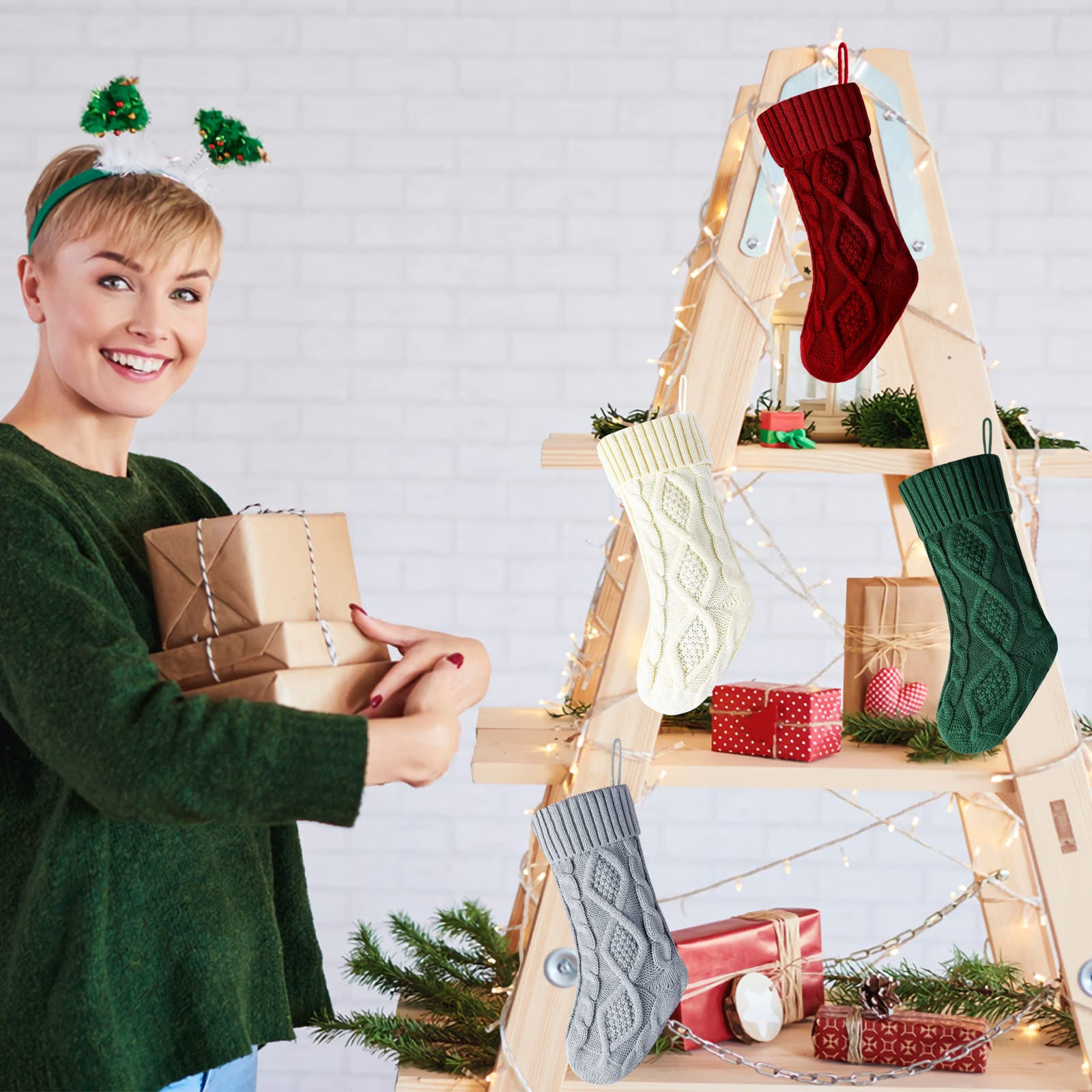 4-Pack 14 Inch Knit Christmas Stockings - Burgundy, Green, Ivory & Gray for Holiday Decor, Fireplace Mantel & Festive Gift Giving