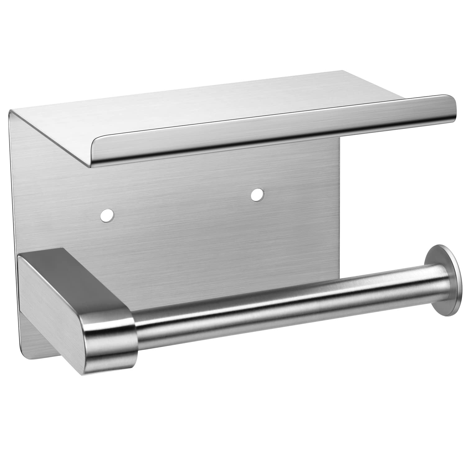 Stainless Steel Toilet Paper Holder with Shelf - No Drill Adhesive Mount, Heavy Duty SUS304 Bathroom Tissue Roll Dispenser for Mega Rolls - Perfect for Bathroom, RV, and Small Space Organization