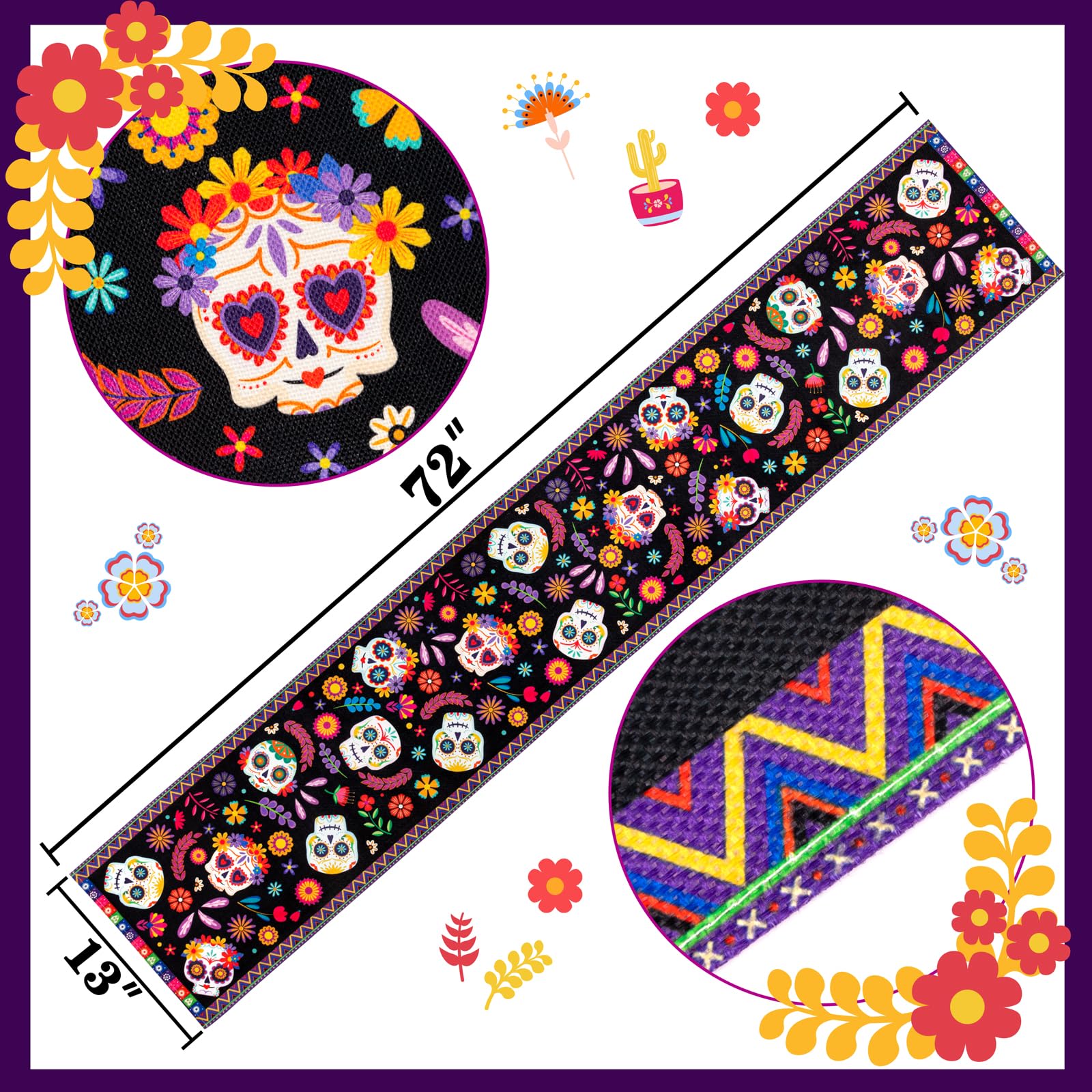 Vibrant Day of the Dead Table Runner - Authentic Mexican Dia de Los Muertos Altar Decor for Ofrenda Celebrations | Perfect for Halloween, Home Decor & Cultural Festivals