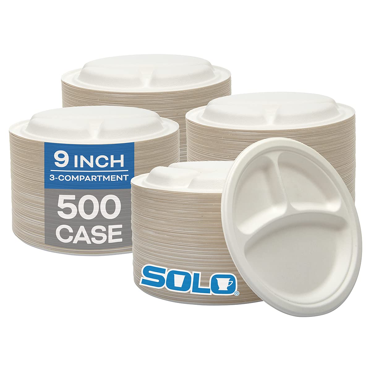 SOLO Bare Eco-Friendly 9-Inch Plant-Based Sugarcane Fiber Round Divided Plates (4 Packs of 125, 500 Plates Total) - Biodegradable Disposable Dinnerware for Parties, Picnics & Eco-Conscious Events