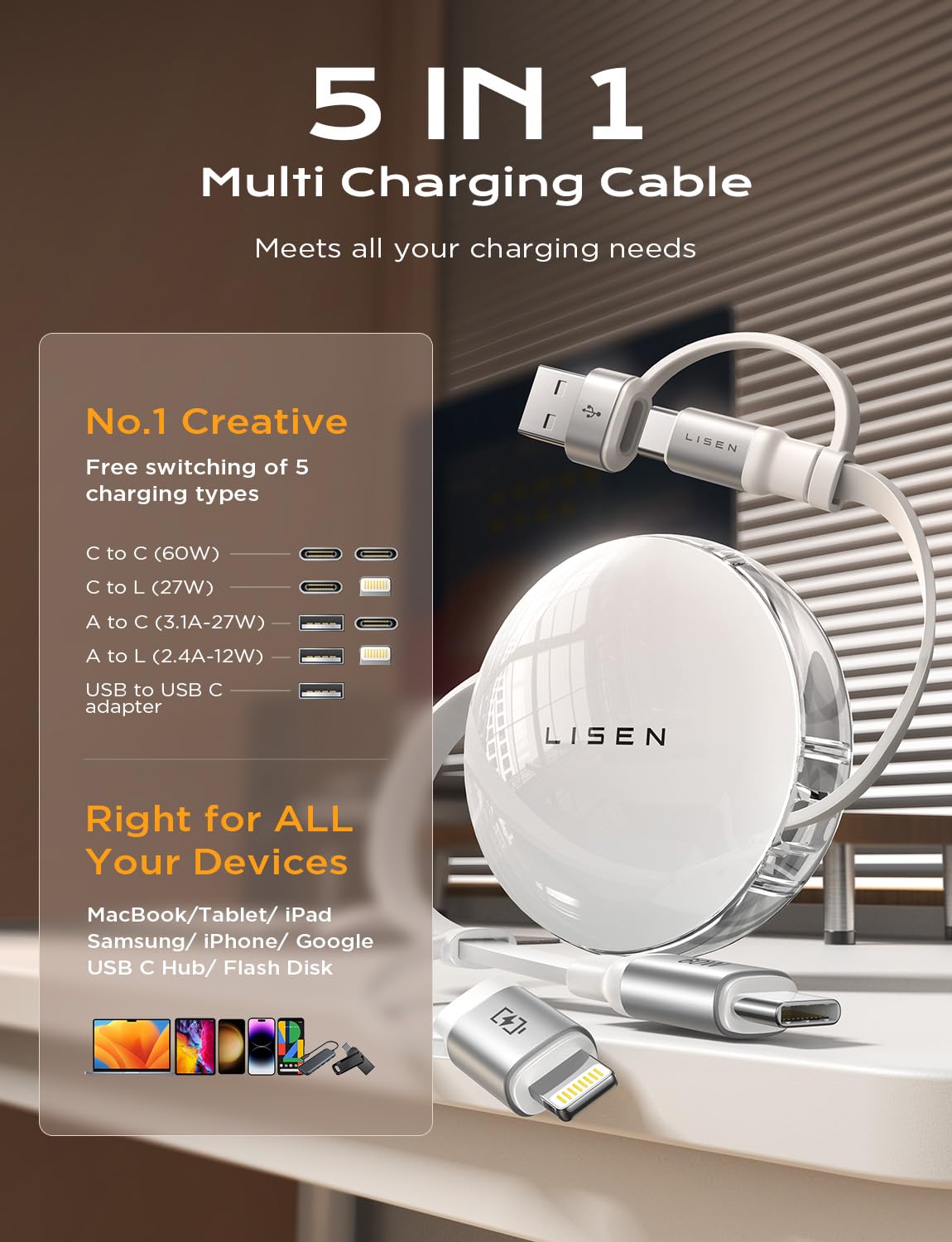 LISEN 5-in-1 Multi Charger Cable with 60W PD Fast Charging | Retractable USB C Charger for Samsung Galaxy S24+/iPhone 15/Pro/Laptop/iPad | Compact Travel Charging Solution for Home, Office & Car