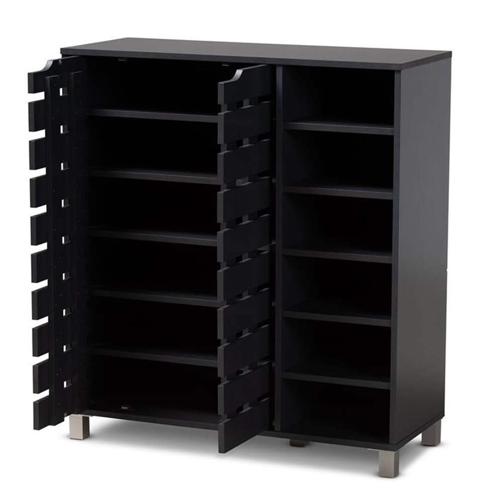 BOWERY HILL Modern Dark Grey 2-Door Wooden Shoe Storage Cabinet with Open Shelves - Organize Entryway, Bedroom or Closet - Space Saving Shoe Rack for Home & Office