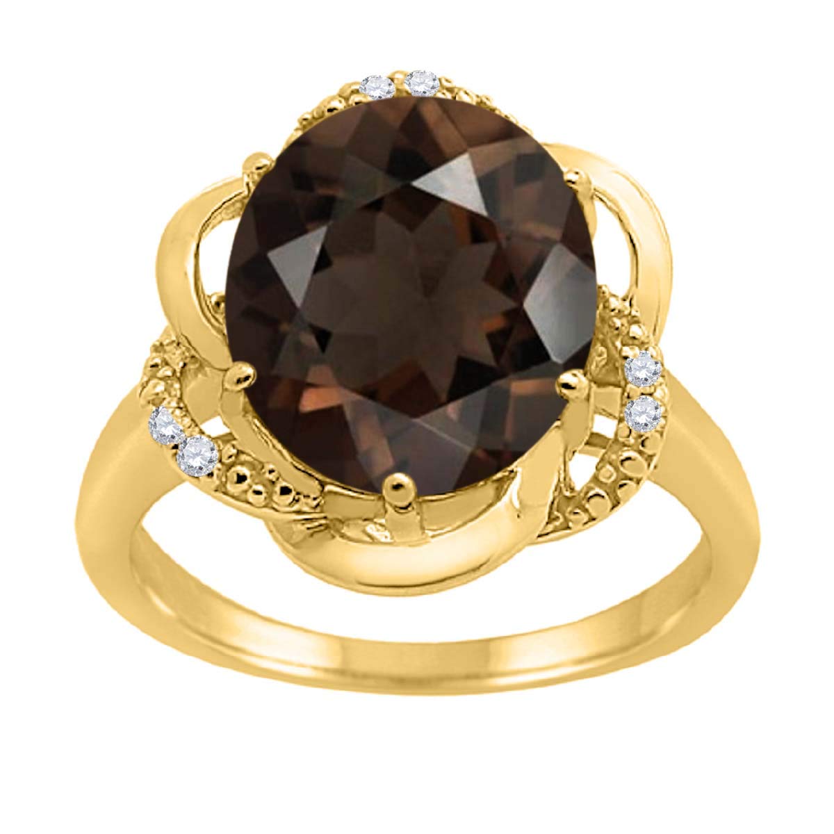 MauliJewels 10K Yellow Gold Flower Ring for Women - 4.55 Carat Smokey Quartz & Diamond Prong Setting | Elegant Jewelry Gift for Anniversary, Wedding & Special Occasions