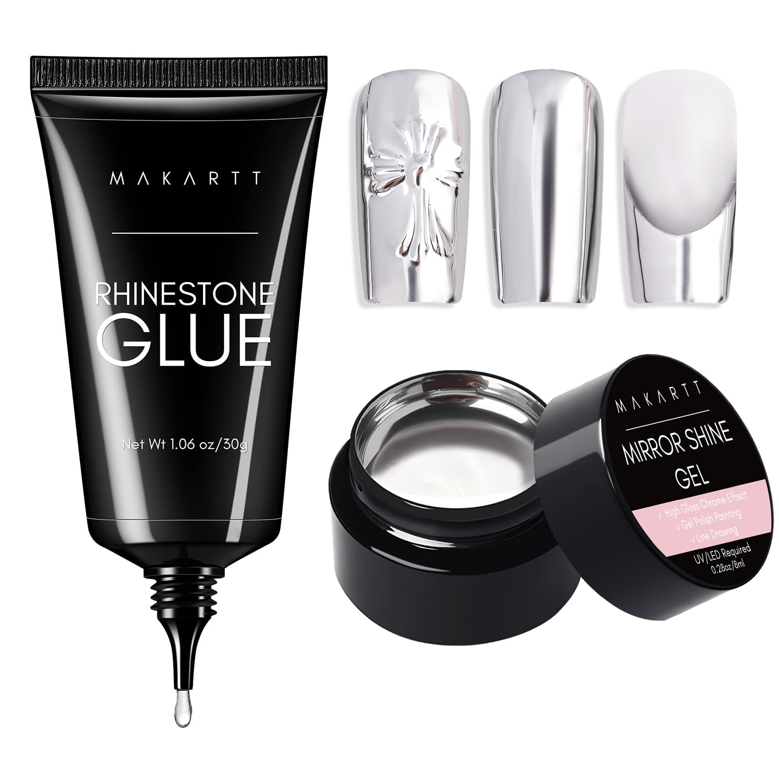 Makartt Super Strong Nail Rhinestone Glue - 8ml Mirror Shine UV/LED Gel for Nail Art | Perfect for Rhinestone Application, Metallic Silver Designs & Professional Salon Use