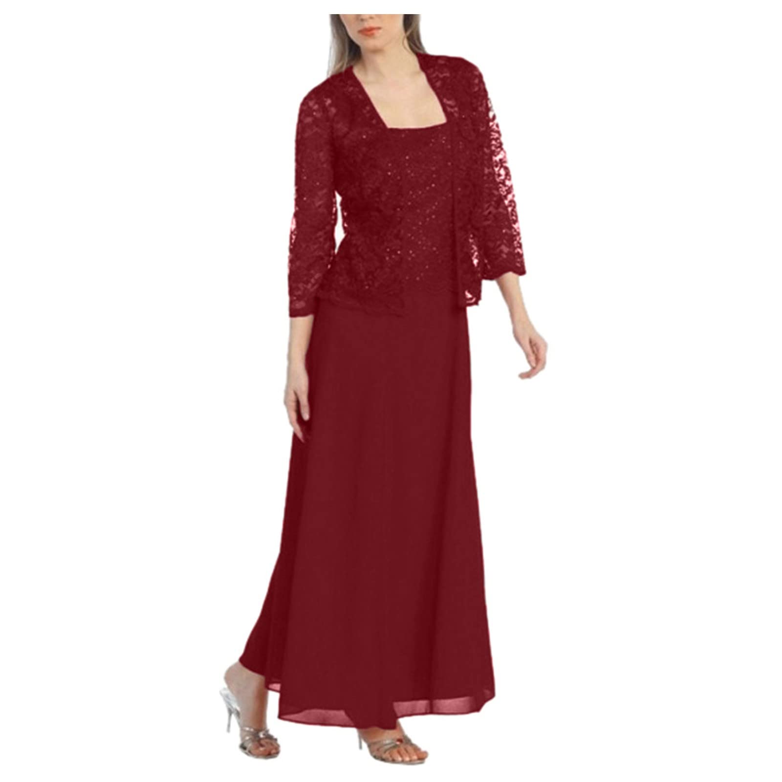 Elegant Women's Solid Lace Cardigan & Chiffon Two-Piece Dress Set for Party, Wedding, Fall Maternity Wear (Sizes M-5XL) | Perfect for Bridal Shower, Evening Events & Special Occasions