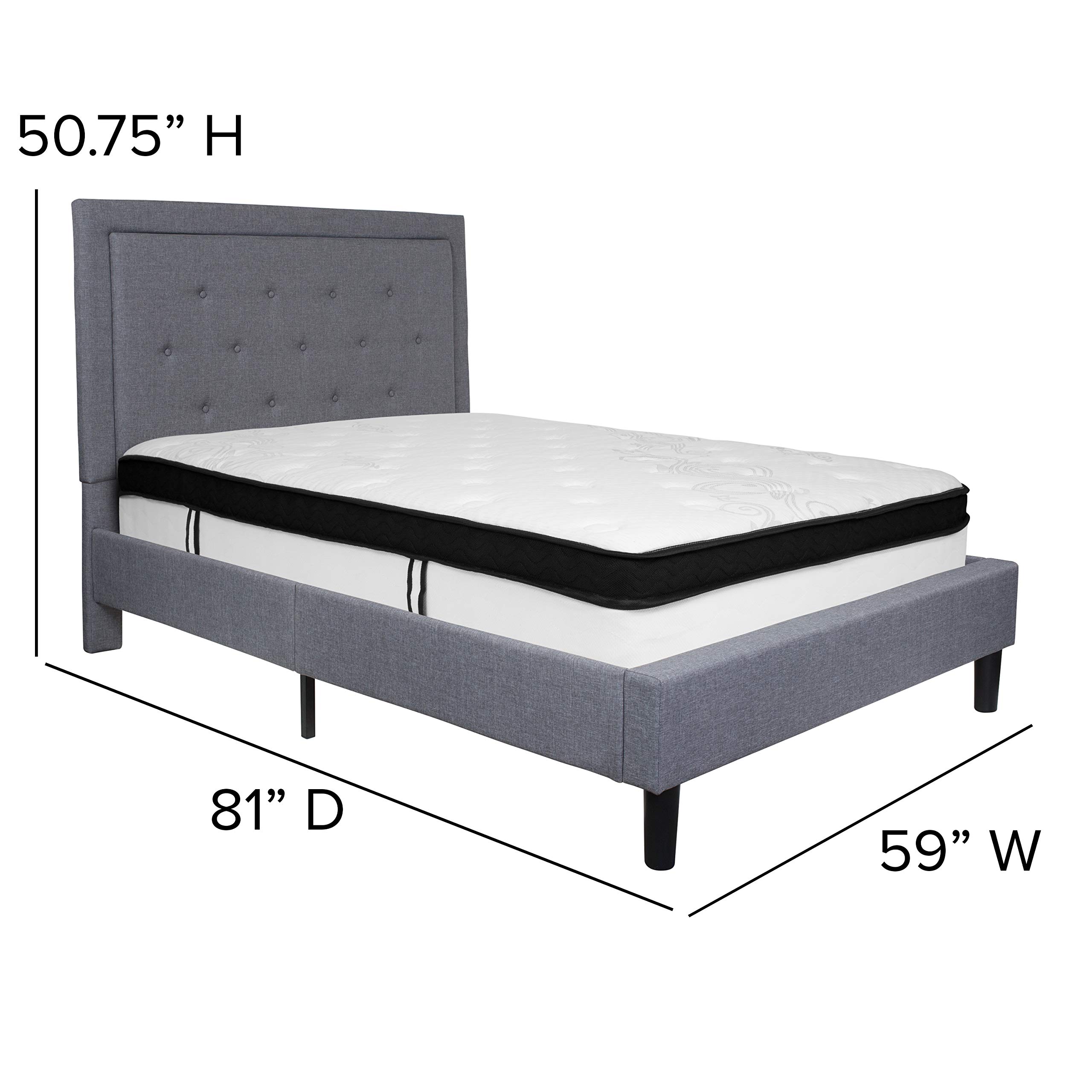 Emma & Oliver Full Panel Tufted Platform Bed with Memory Foam Mattress - Light Gray Fabric Upholstered Bed Frame for Modern Bedroom | Queen Size Bed with Storage Space & Comfortable Support
