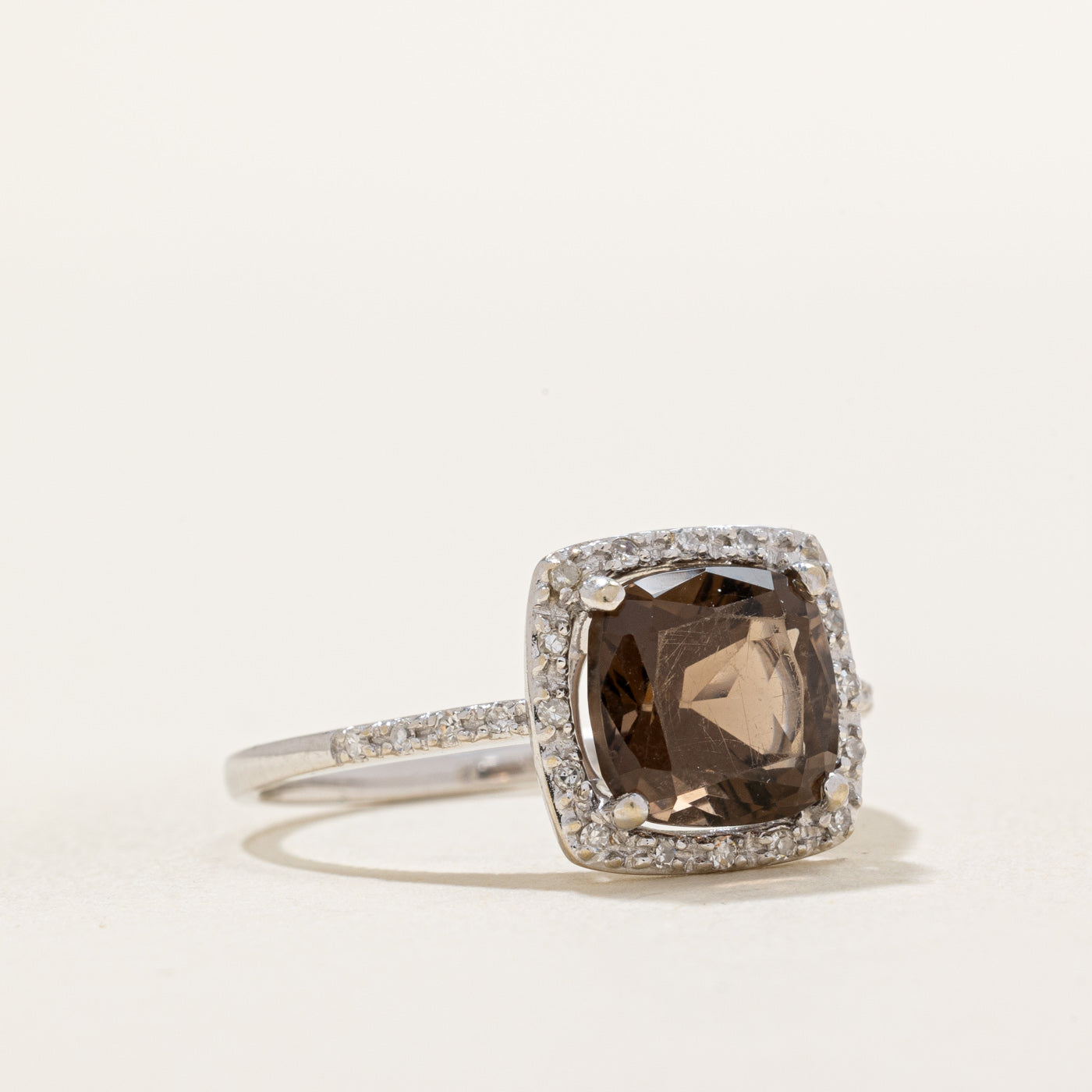 Smoky Quartz & Diamond Halo Ring - 1.70ct Center Stone with 0.07ctw Diamond Accents - Size 7.25 - Elegant Engagement, Wedding & Anniversary Jewelry Gift