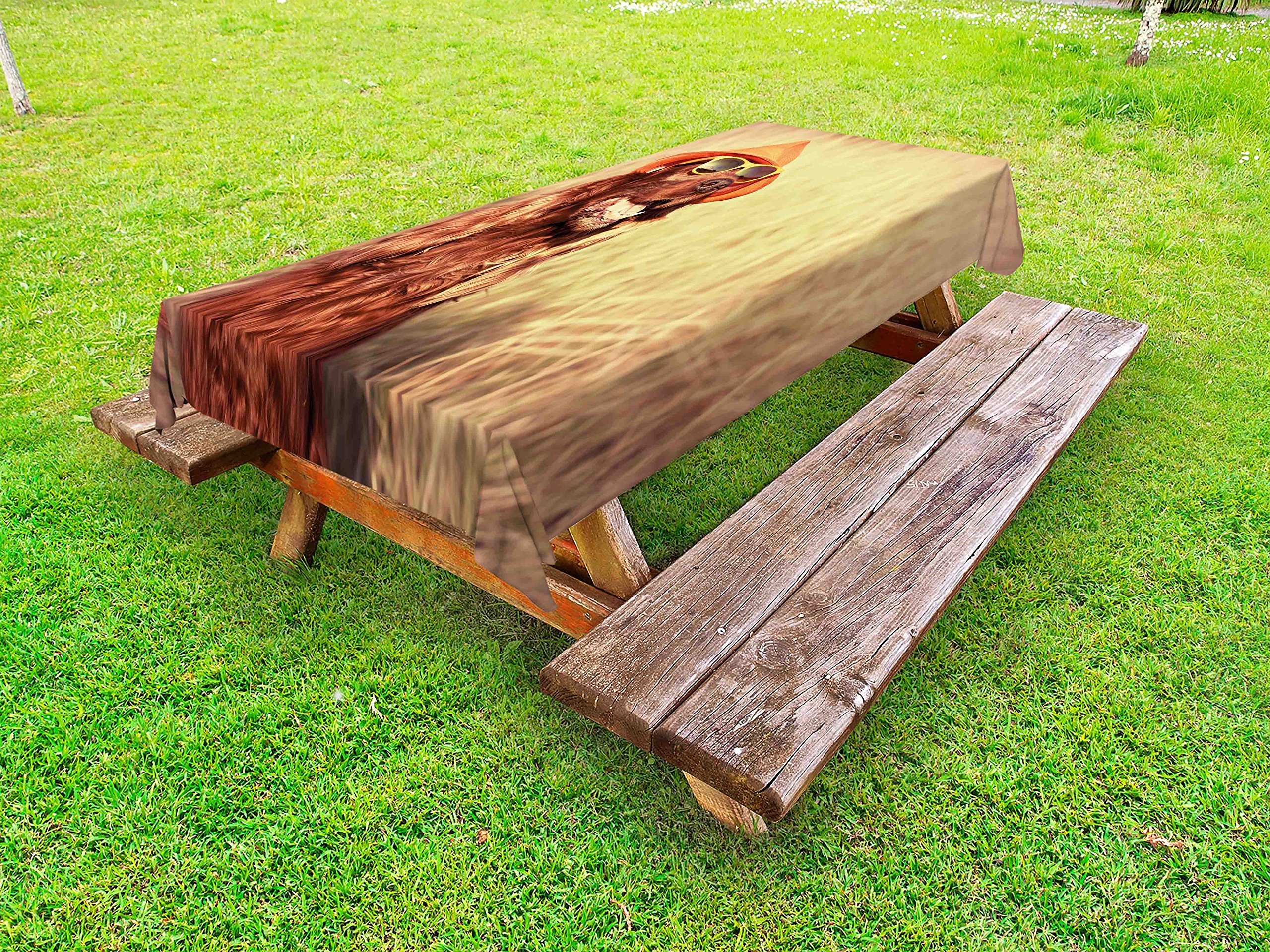 Ambesonne Funny Retro Irish Setter Dog Tablecloth - Washable Outdoor Picnic Table Cover with Humorous Dog Wearing Hat & Sunglasses Design, 58x84 Inches, Red-Brown Tan - Perfect for Backyard BBQs, Patio Parties & Camping Trips
