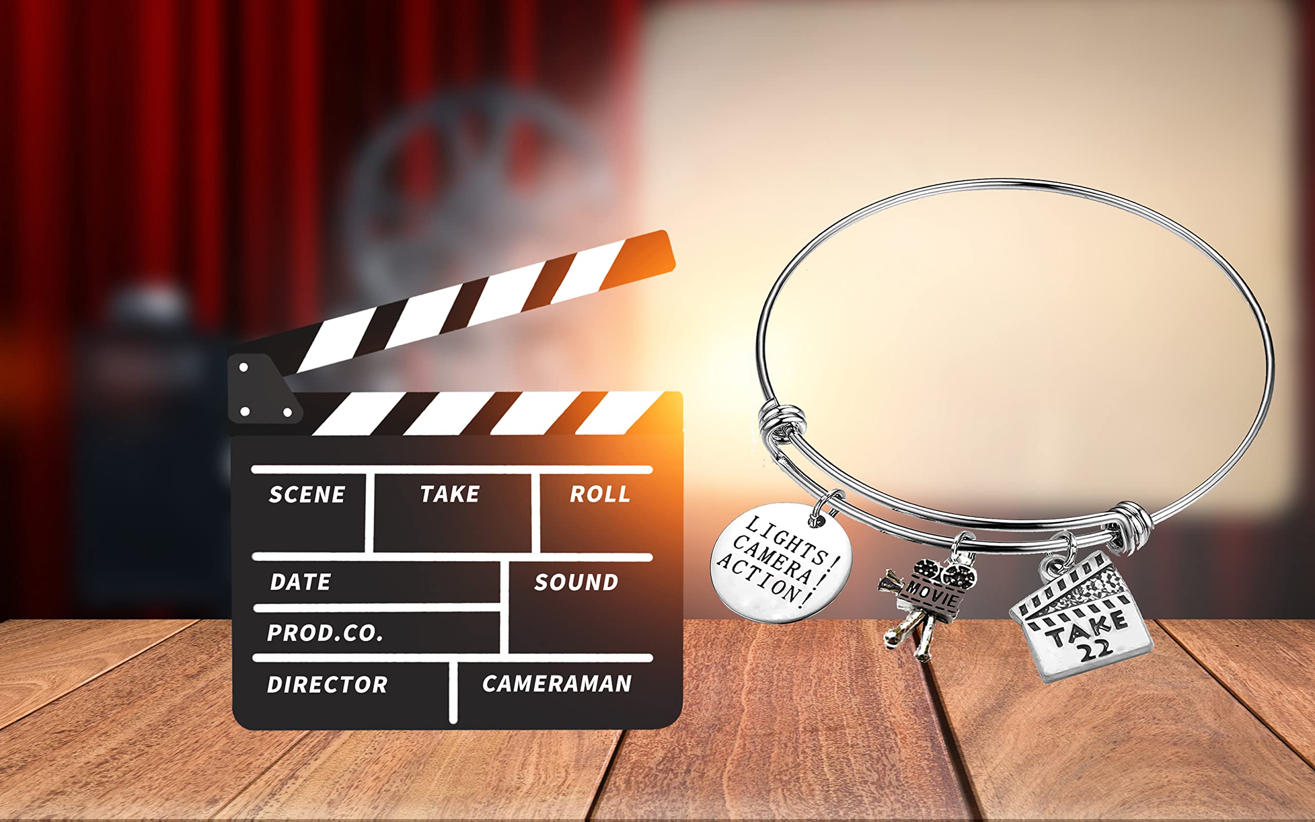 SEIRAA Director's Gift Bracelet - Lights Camera Action Charm Bangle for Actors & Movie Makers - Perfect for Film Premieres, Wrap Parties & Hollywood-Themed Events