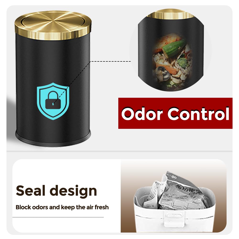 9L/2.4GAL Black and Gold Trash Can with Flipping Lid - Small Bathroom Garbage Bin for Hotel, Office, Laundry & Powder Room - Elegant Metallic Gold Design (BLACK) - Perfect for Waste Disposal in Tight Spaces