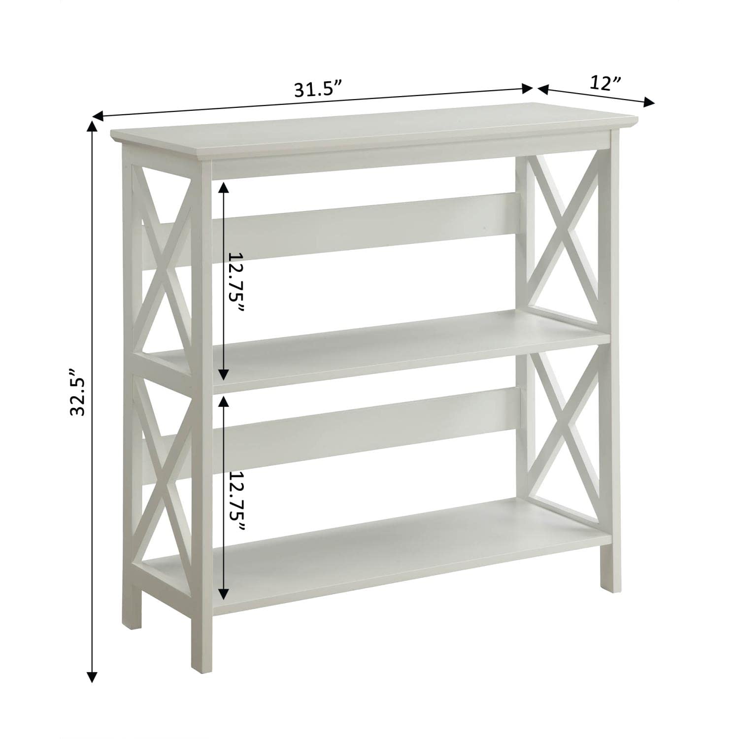 Oxford 3-Tier Bookcase in White - Modern Storage Shelf for Living Room, Bedroom & Office - Convenience Concepts Space-Saving Organizer